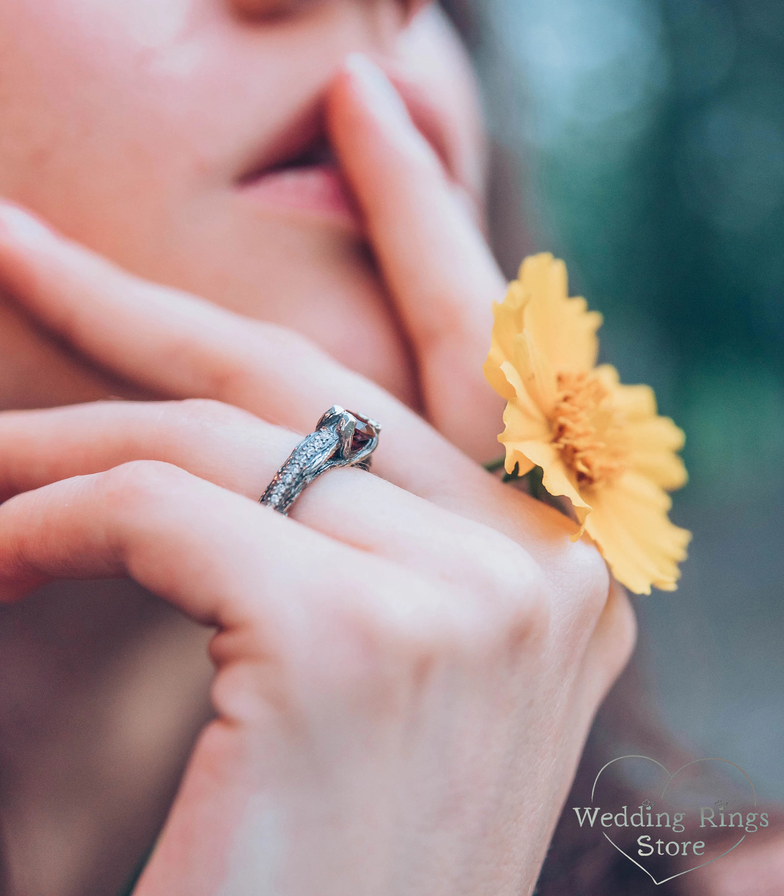 Round Garnet Engagement Ring Silver Branch & CZ Accents