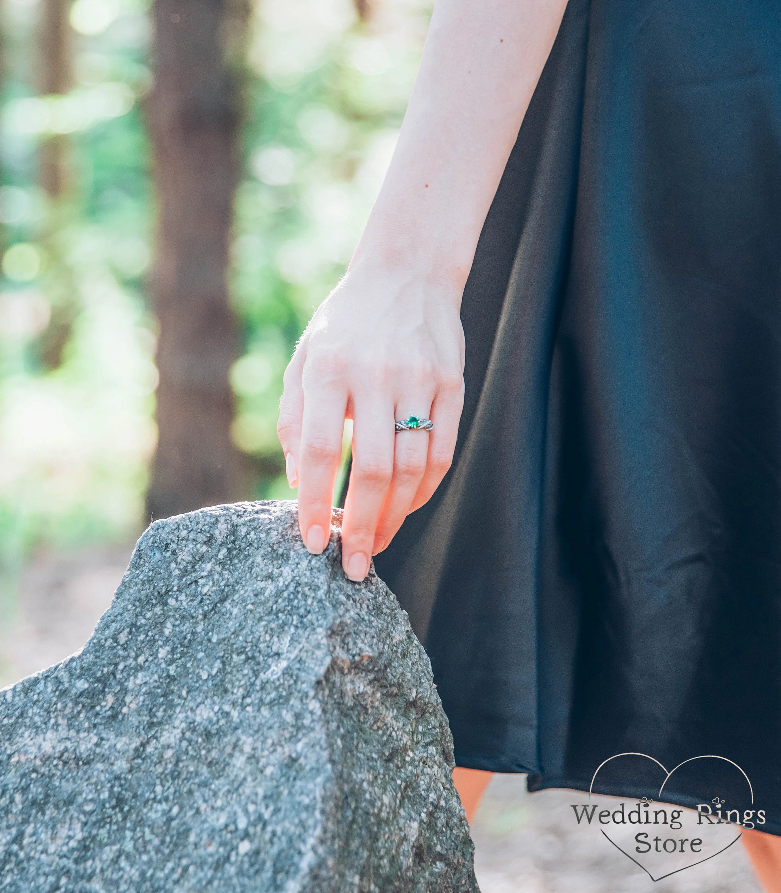 Unique Hammered Silver Emerald Engagement Ring