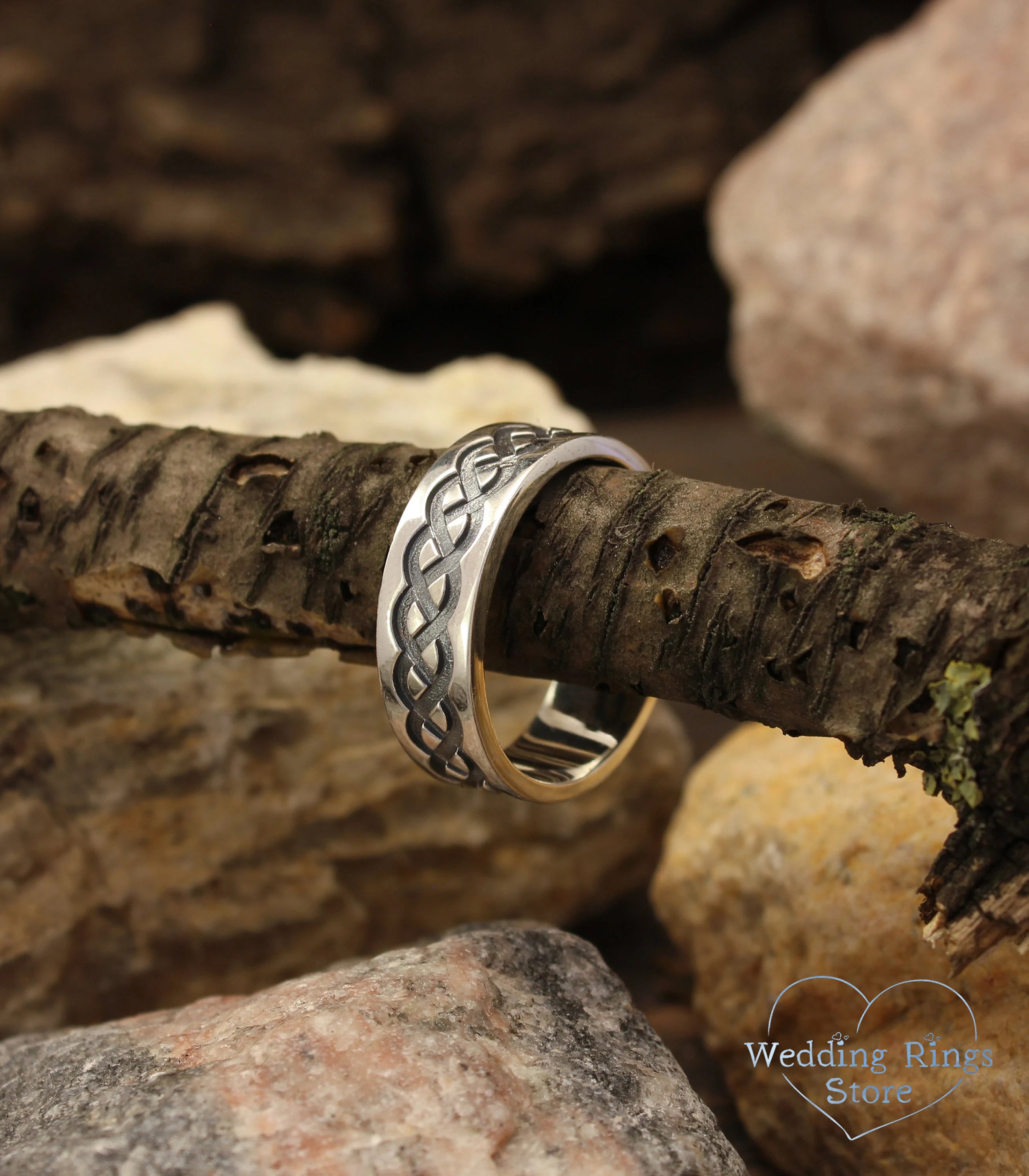 Chunky Celtic Silver Wedding Band in Vintage style