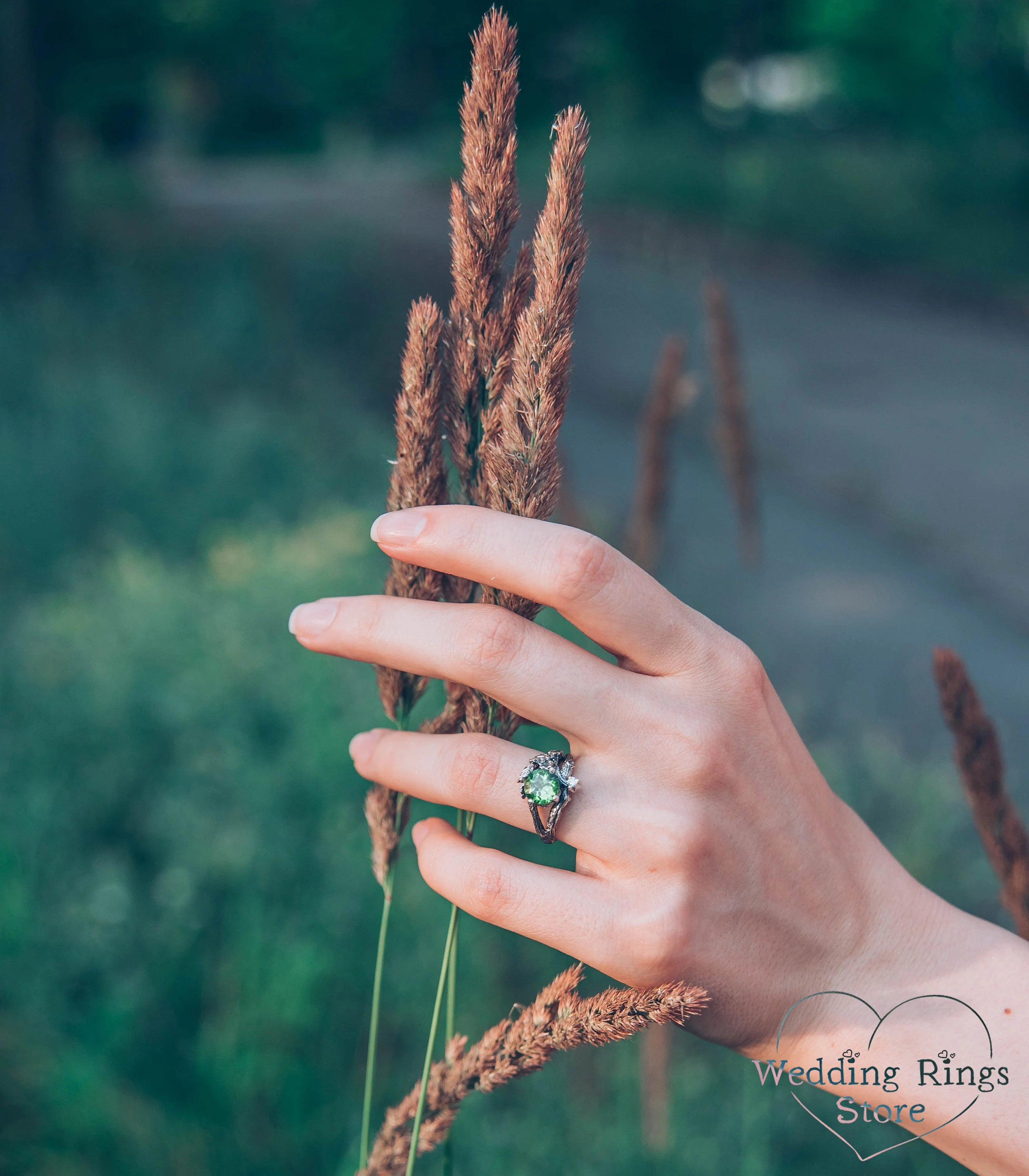 Twig Engagement Ring with Oak Leaves made in Sterling Silver