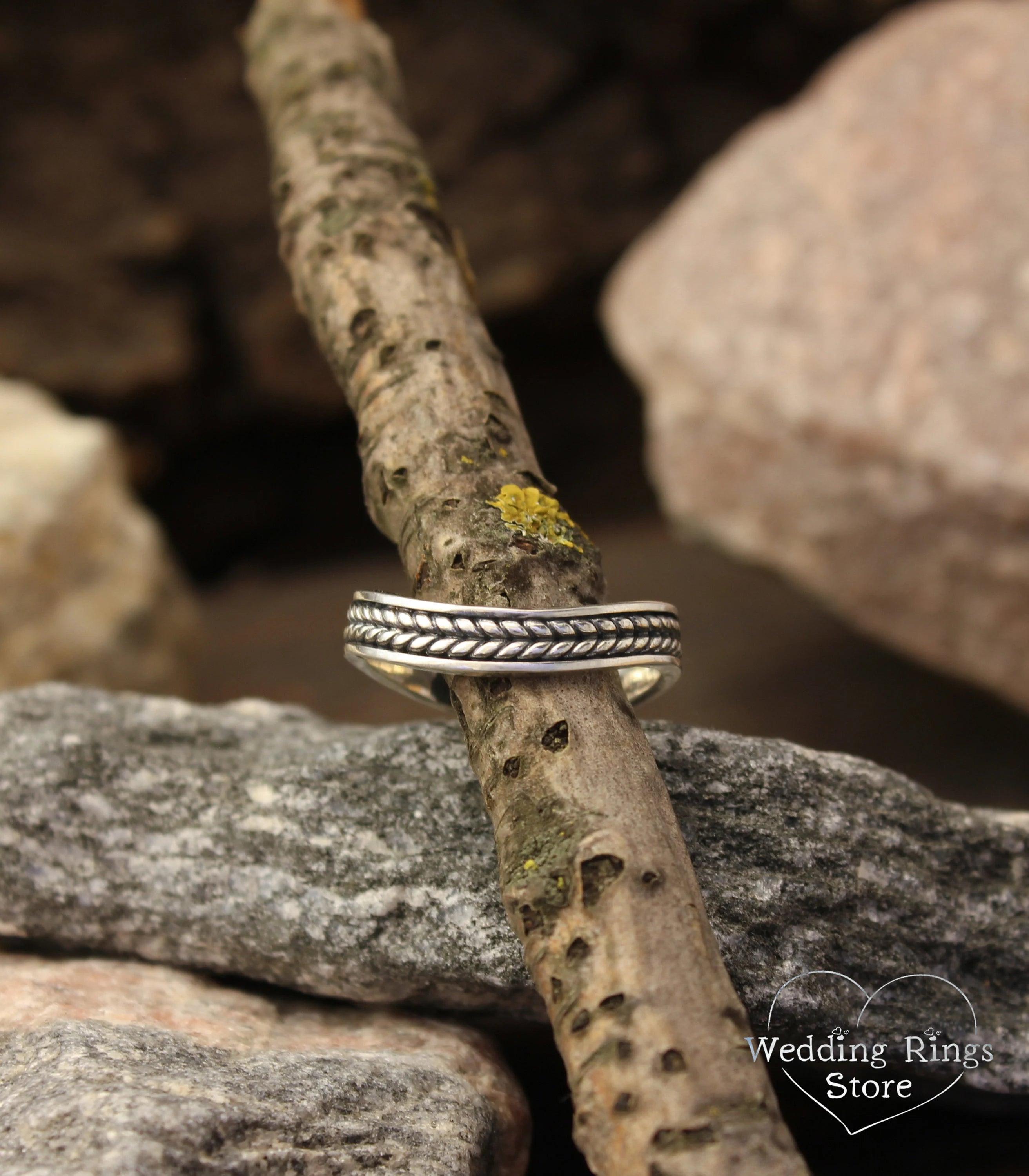 Wavy Wicker Silver Wedding Band with braid