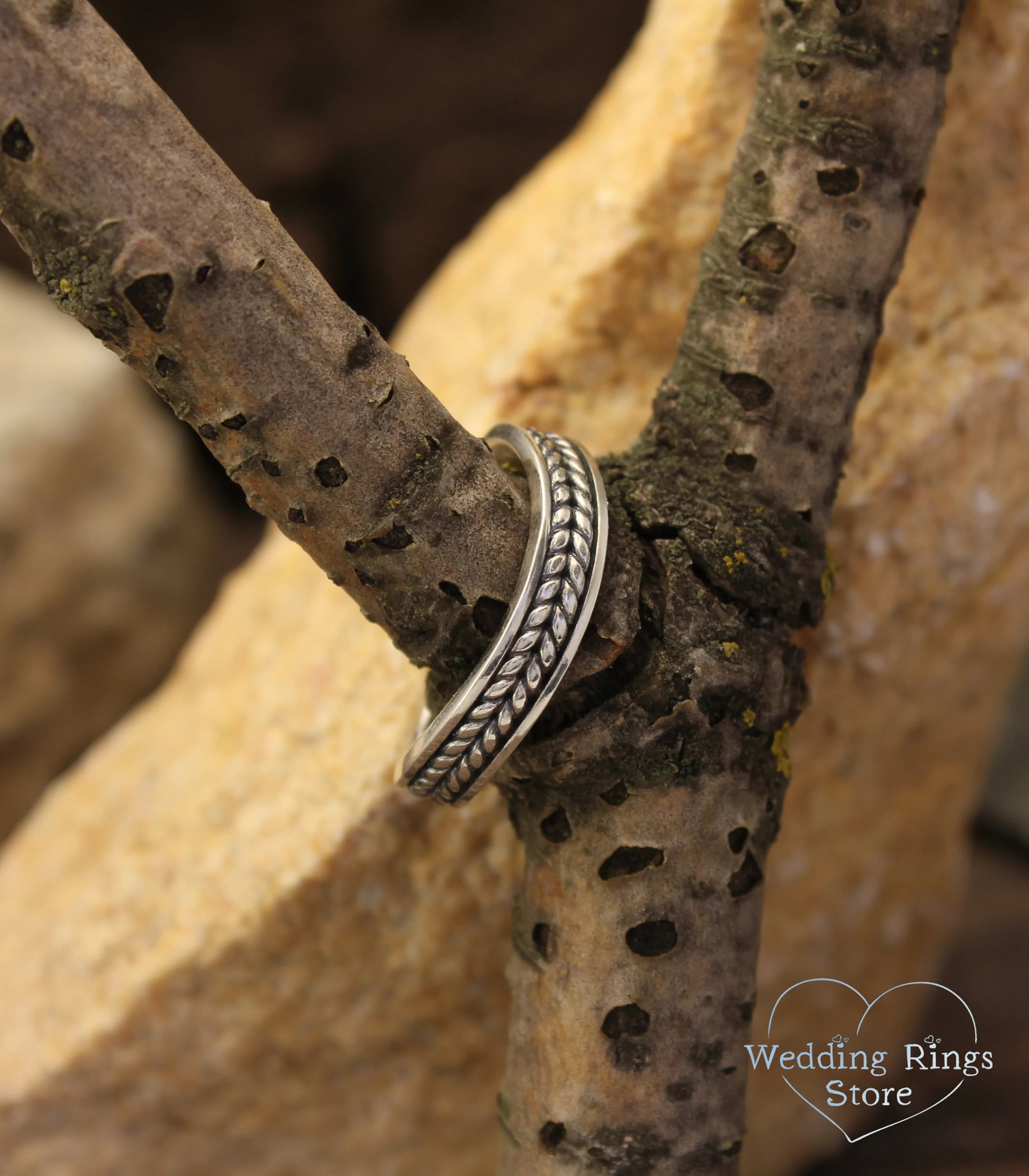 Wavy Wicker Silver Wedding Band with braid