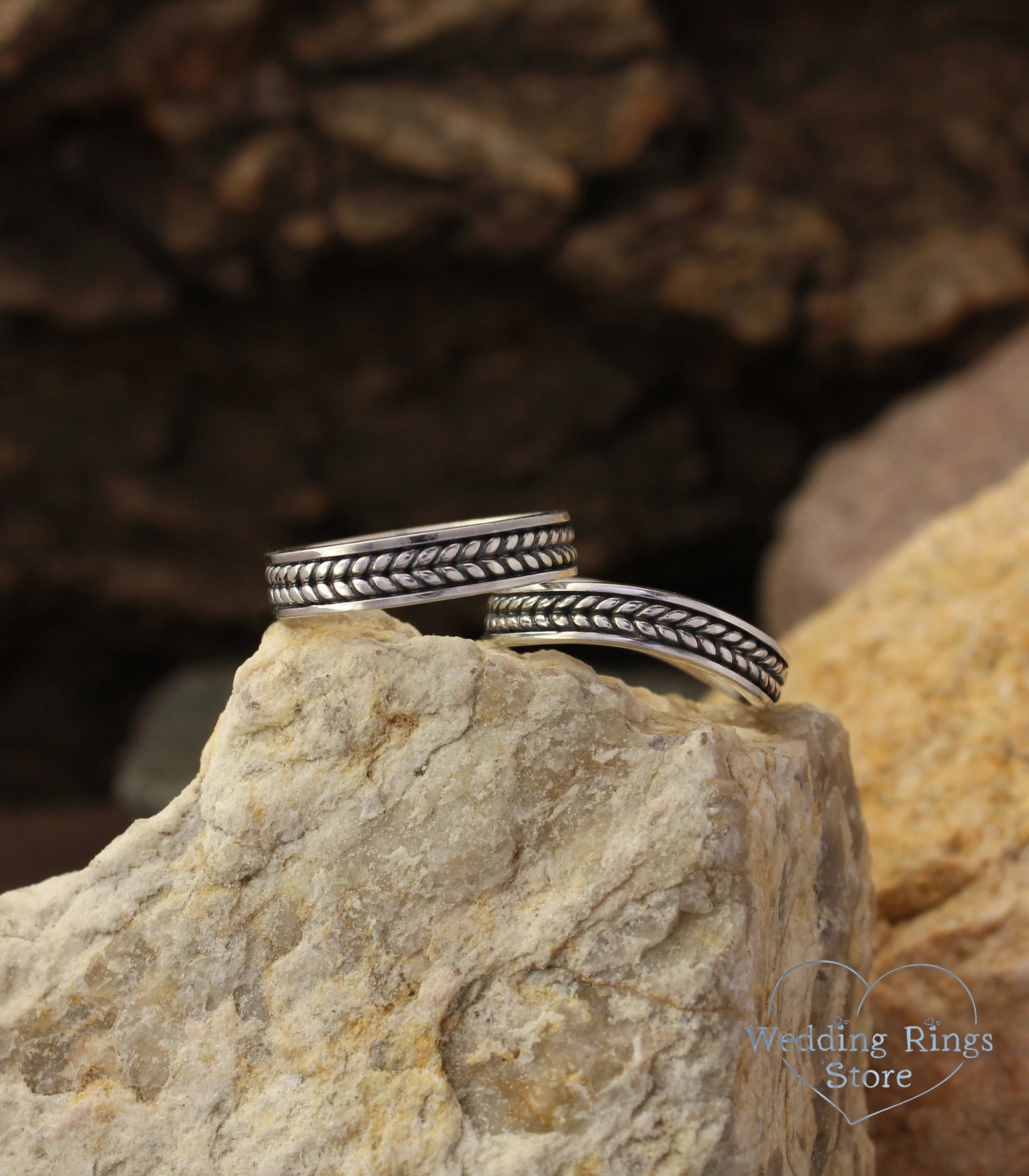 Engraved Braided pattern Silver Wedding Bands Set