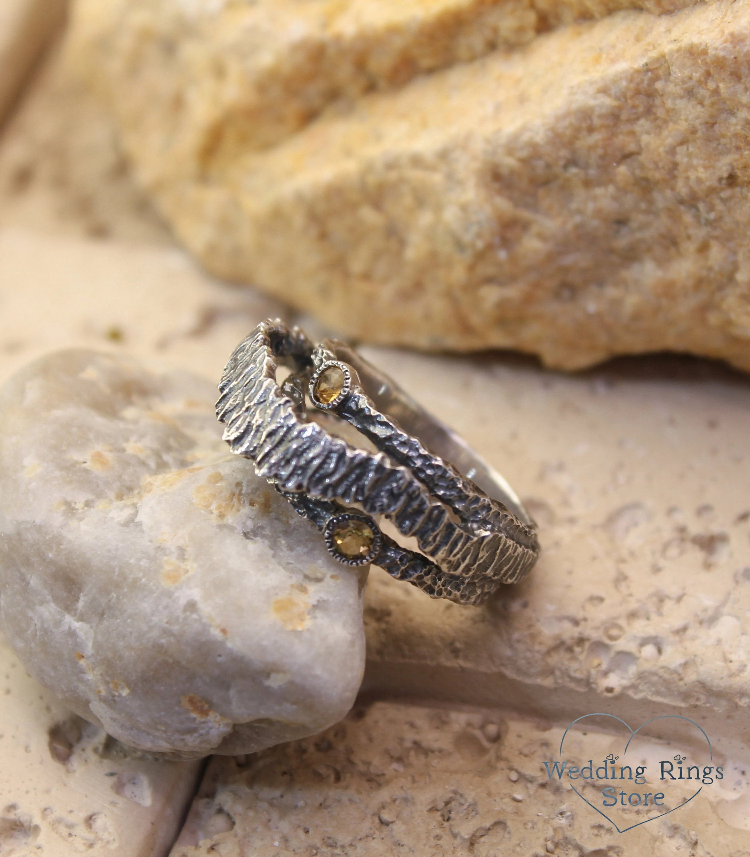 Hammered Silver Tree bark Ring Band with Citrines