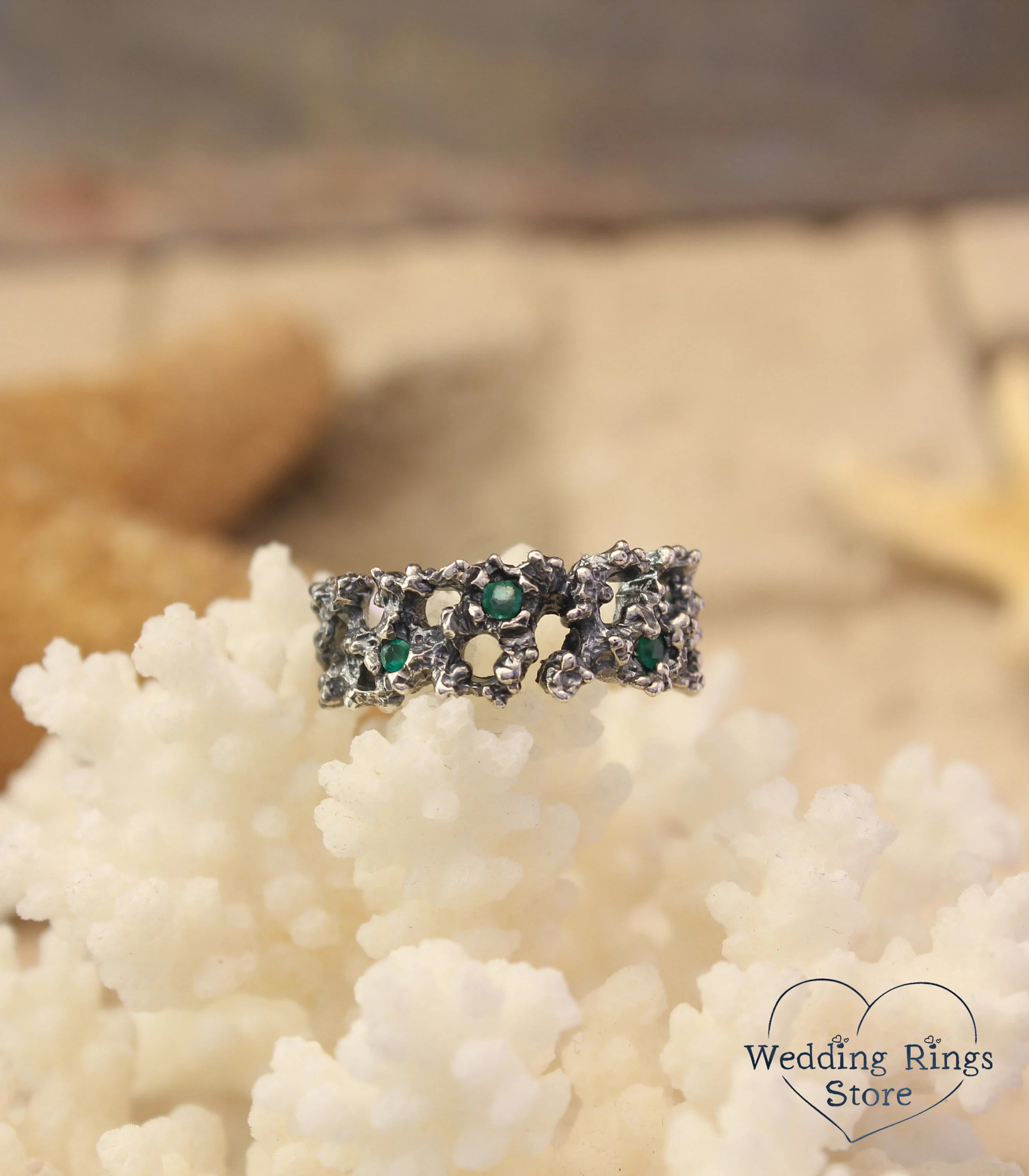 Unique Engagement Coral Ring with Emeralds Ocean Inspired