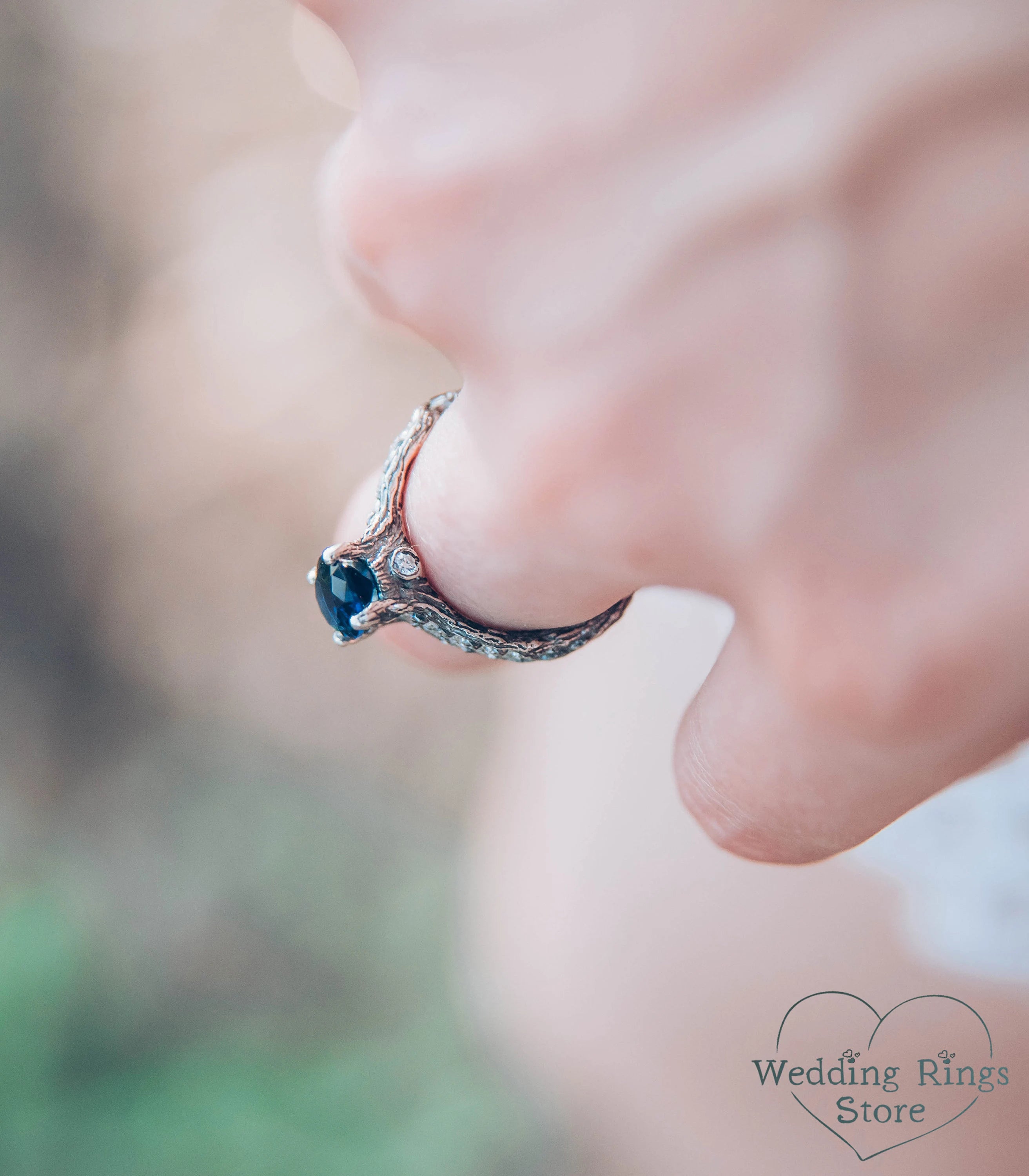 Dainty Oval Sapphire Ring – Side Stones on Silver Branch