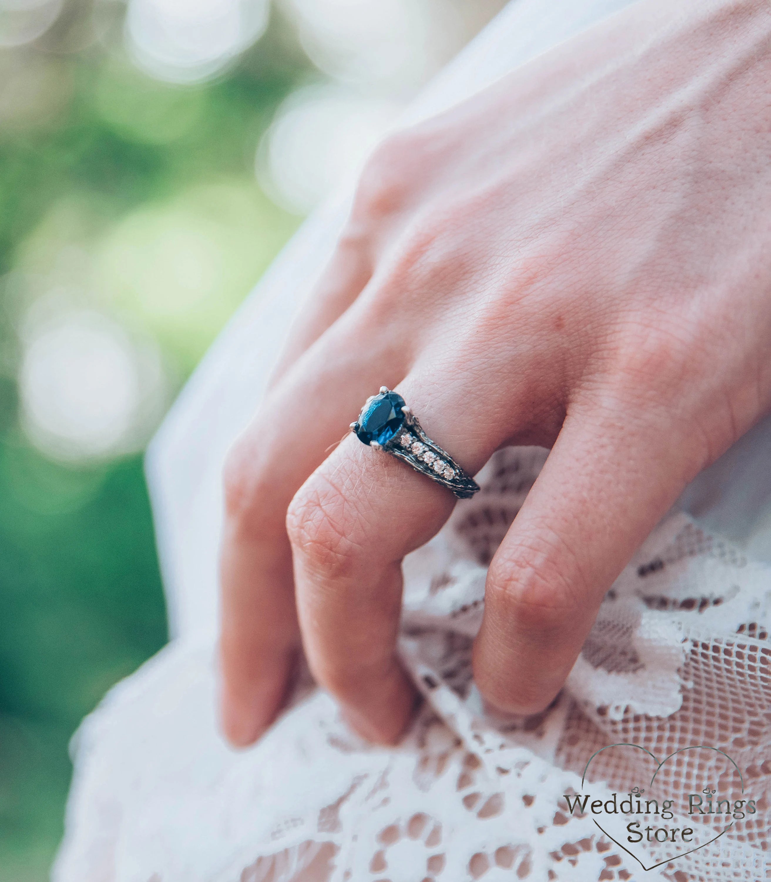 Dainty Oval Sapphire Ring – Side Stones on Silver Branch