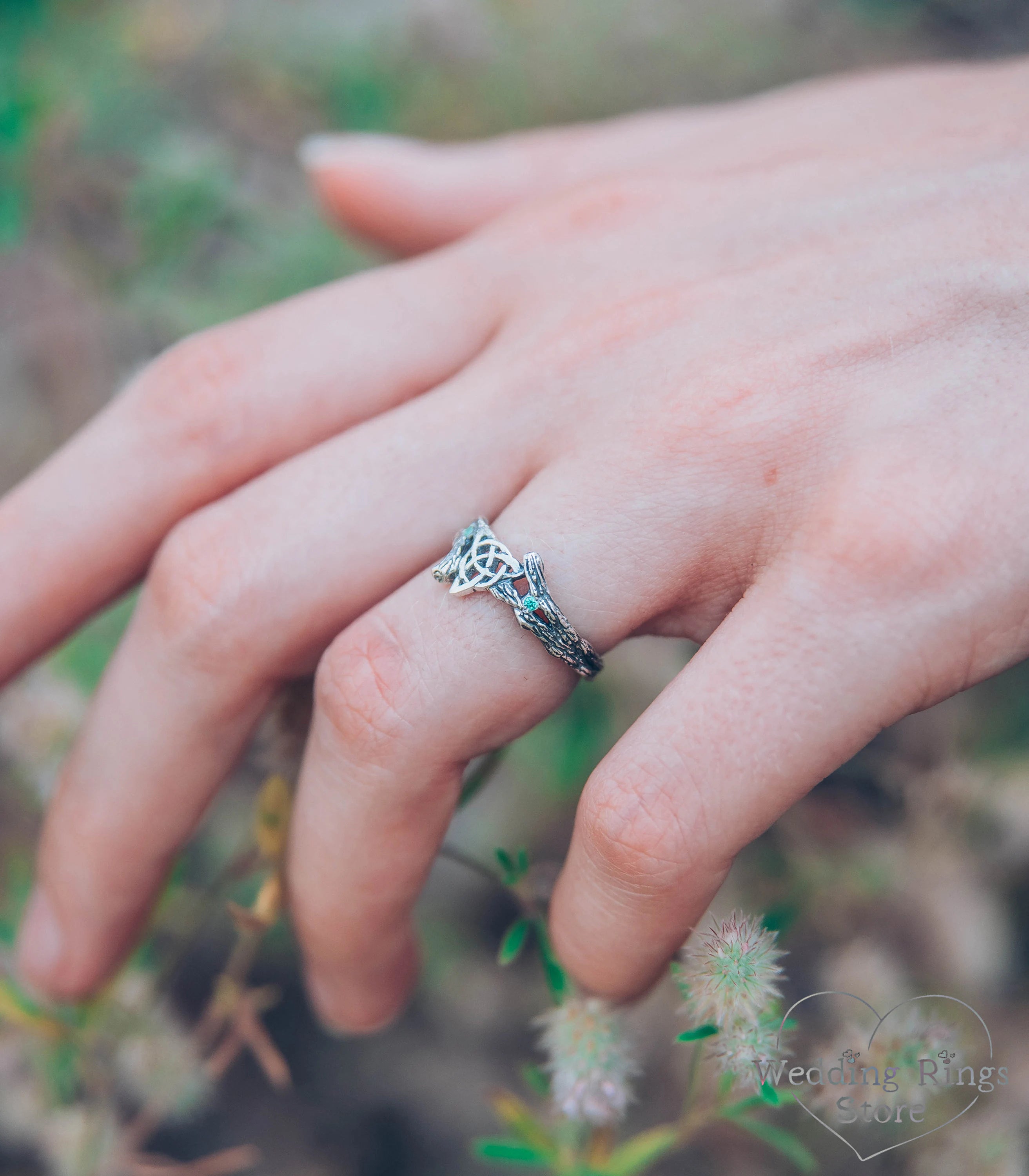 Celtic Triquetra & Emerald Silver Tiny Branch Ring