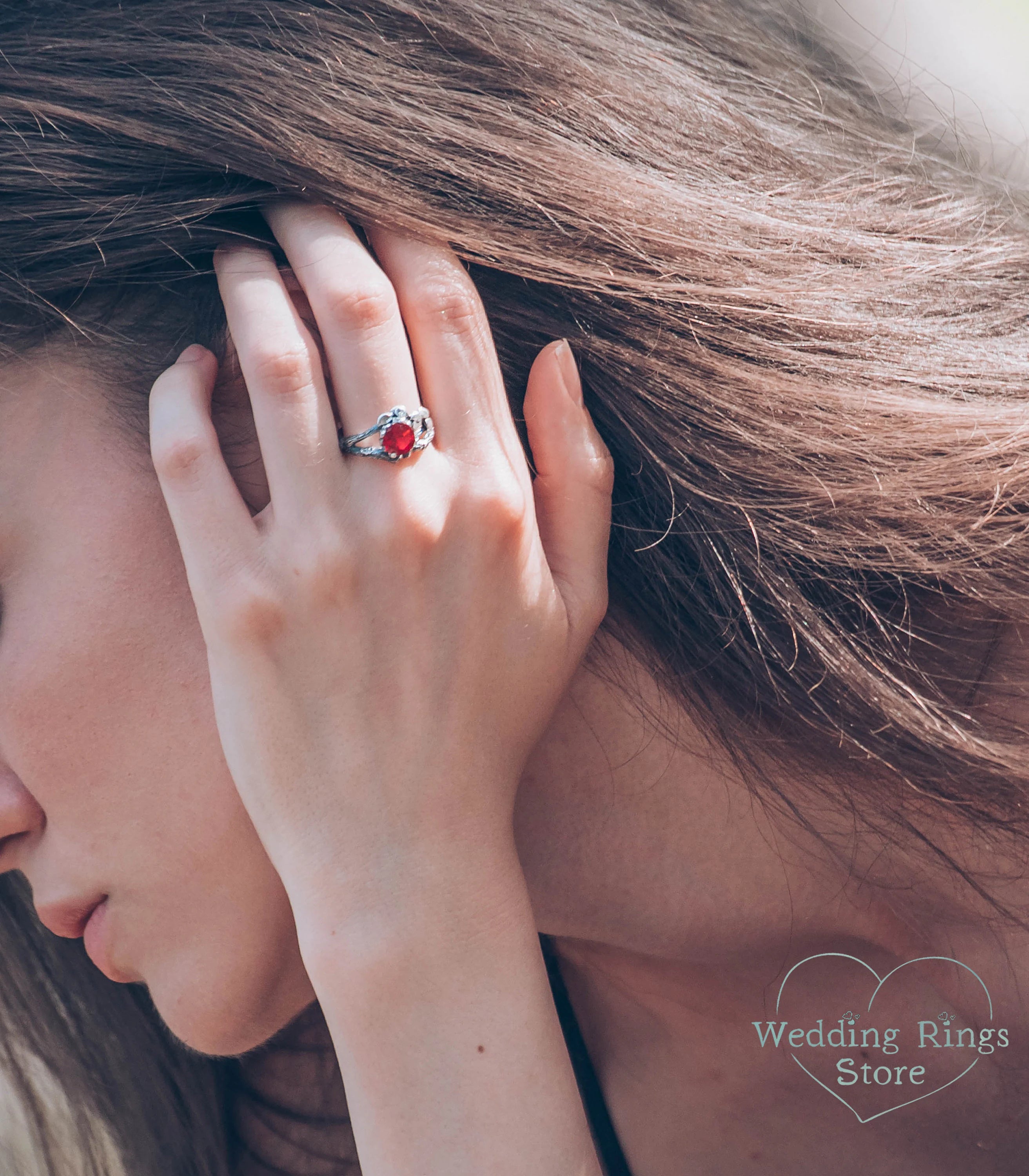 Big Ruby with Branch and Gold Leaves — Twig Engagement Ring