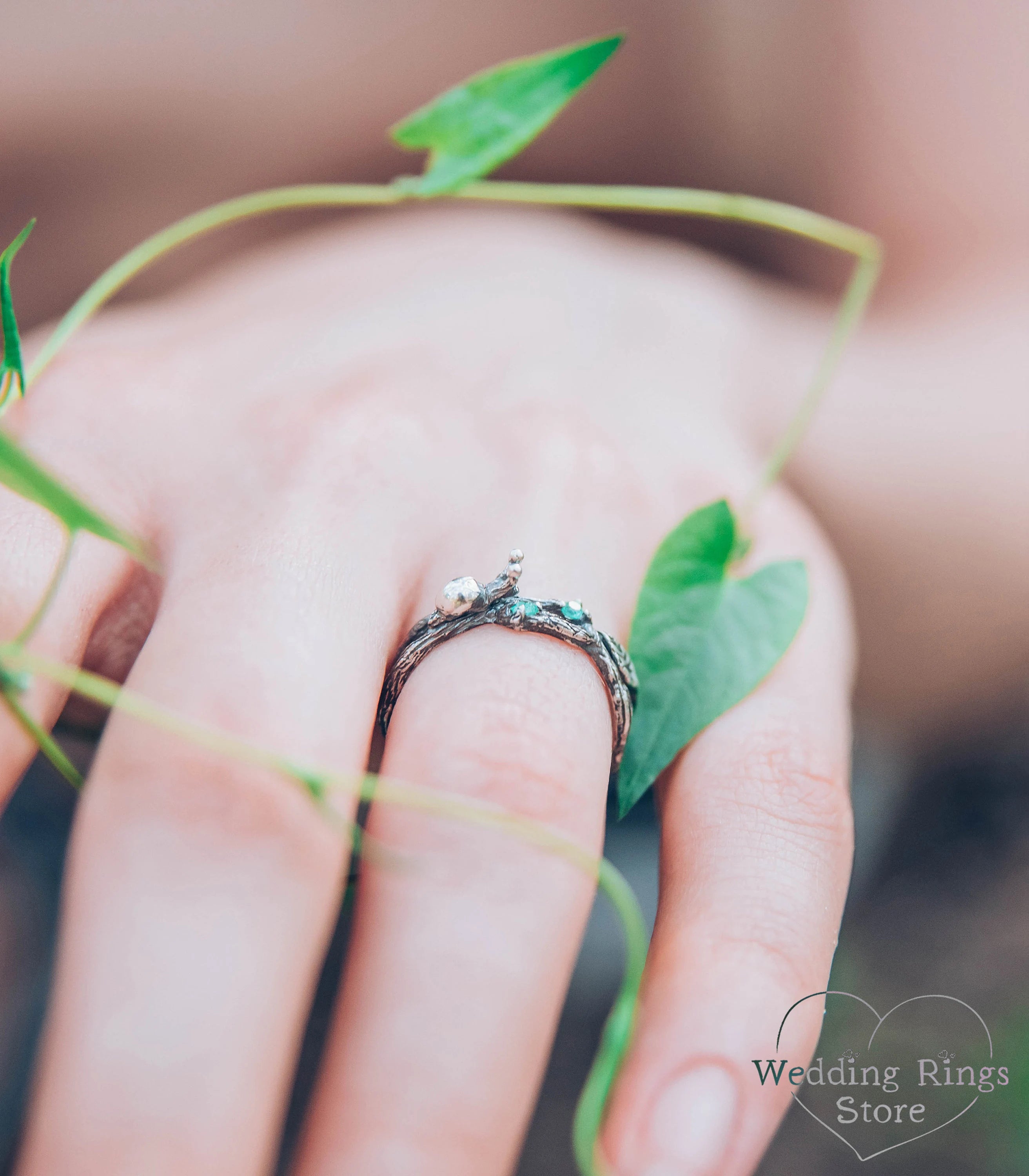 Snail and Leaf on a Branch Silver Ring & two natural Emeralds