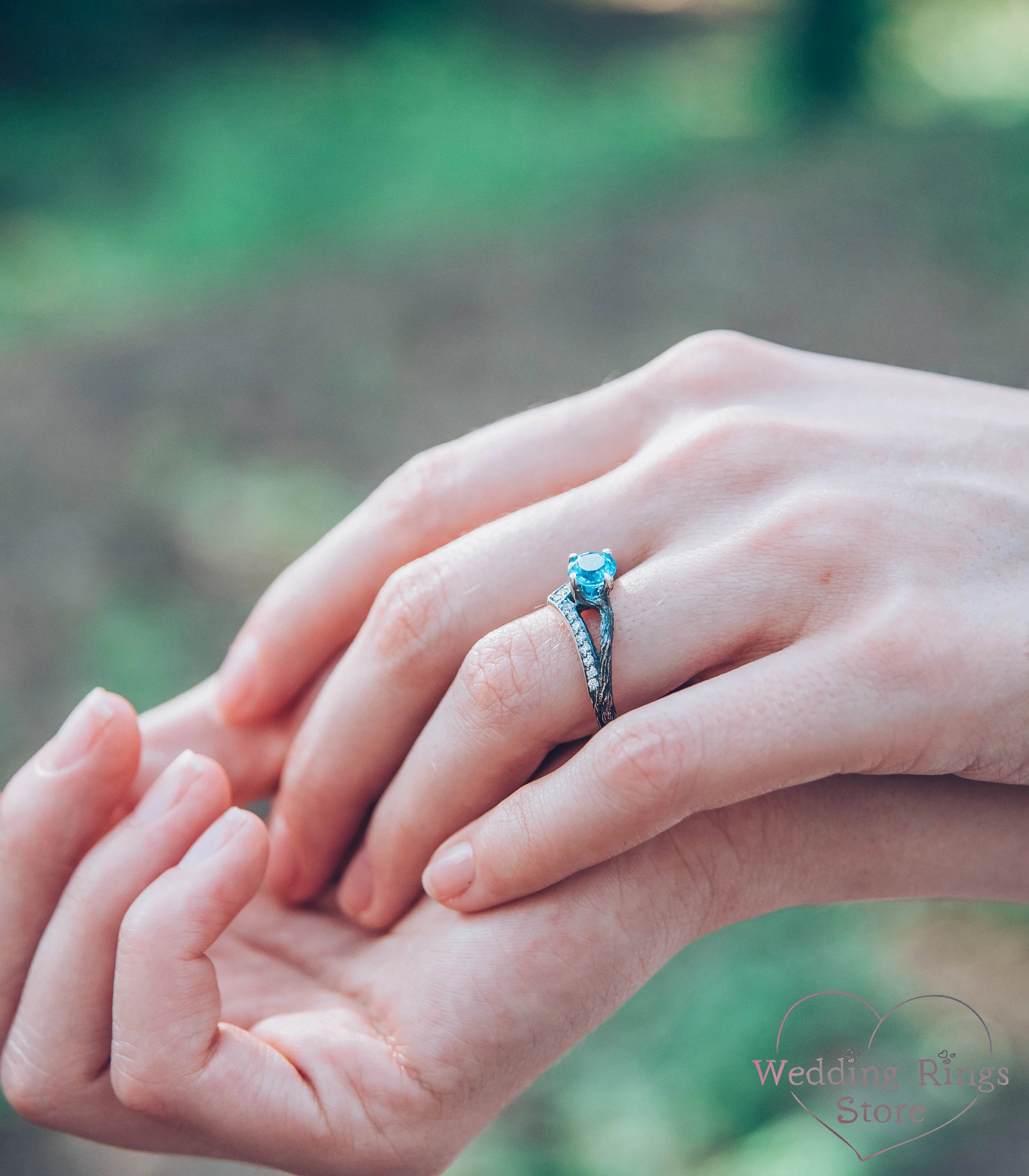 Delicate Chevron Branch Engagement Ring with Topaz