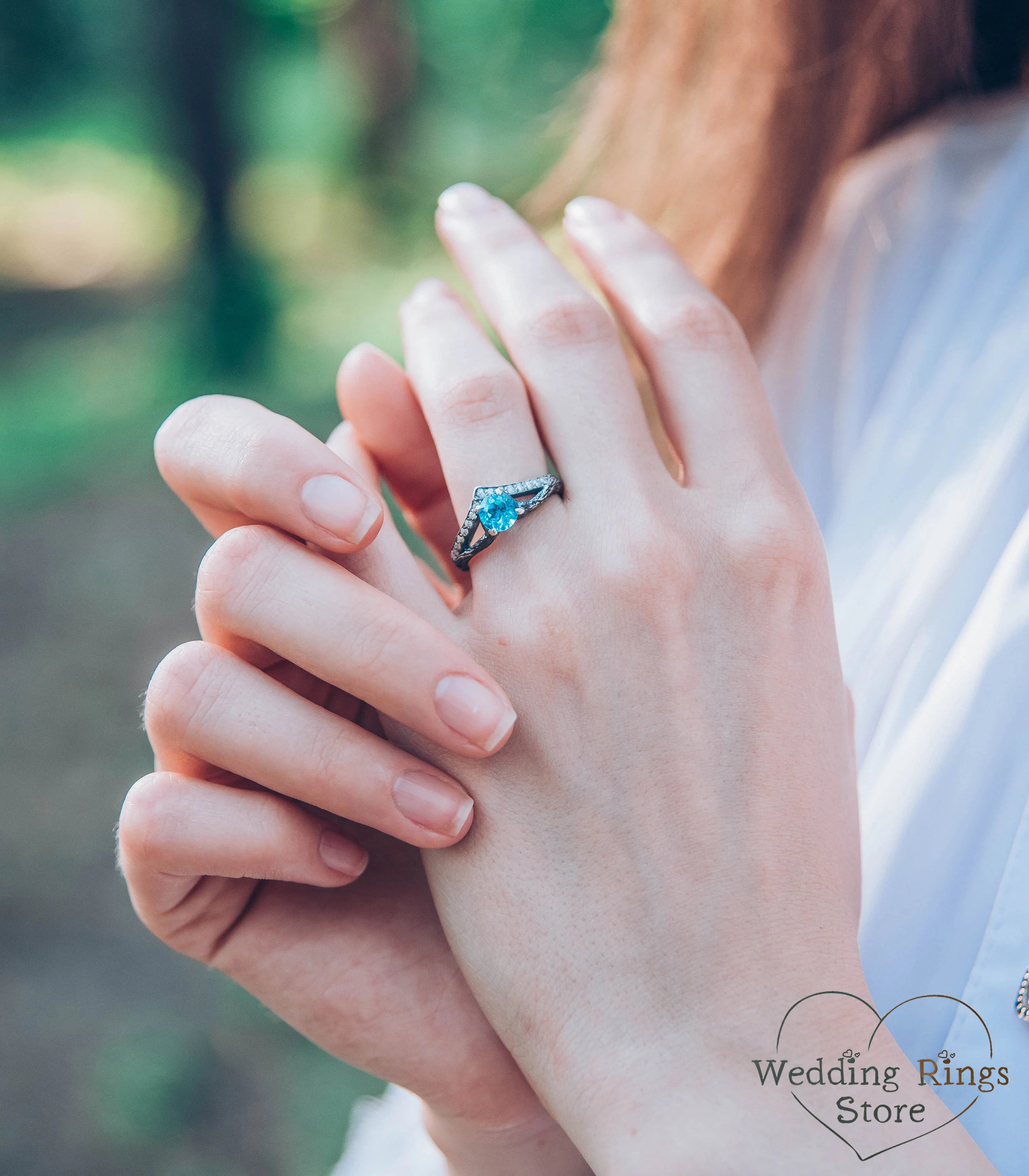 Delicate Chevron Branch Engagement Ring with Topaz