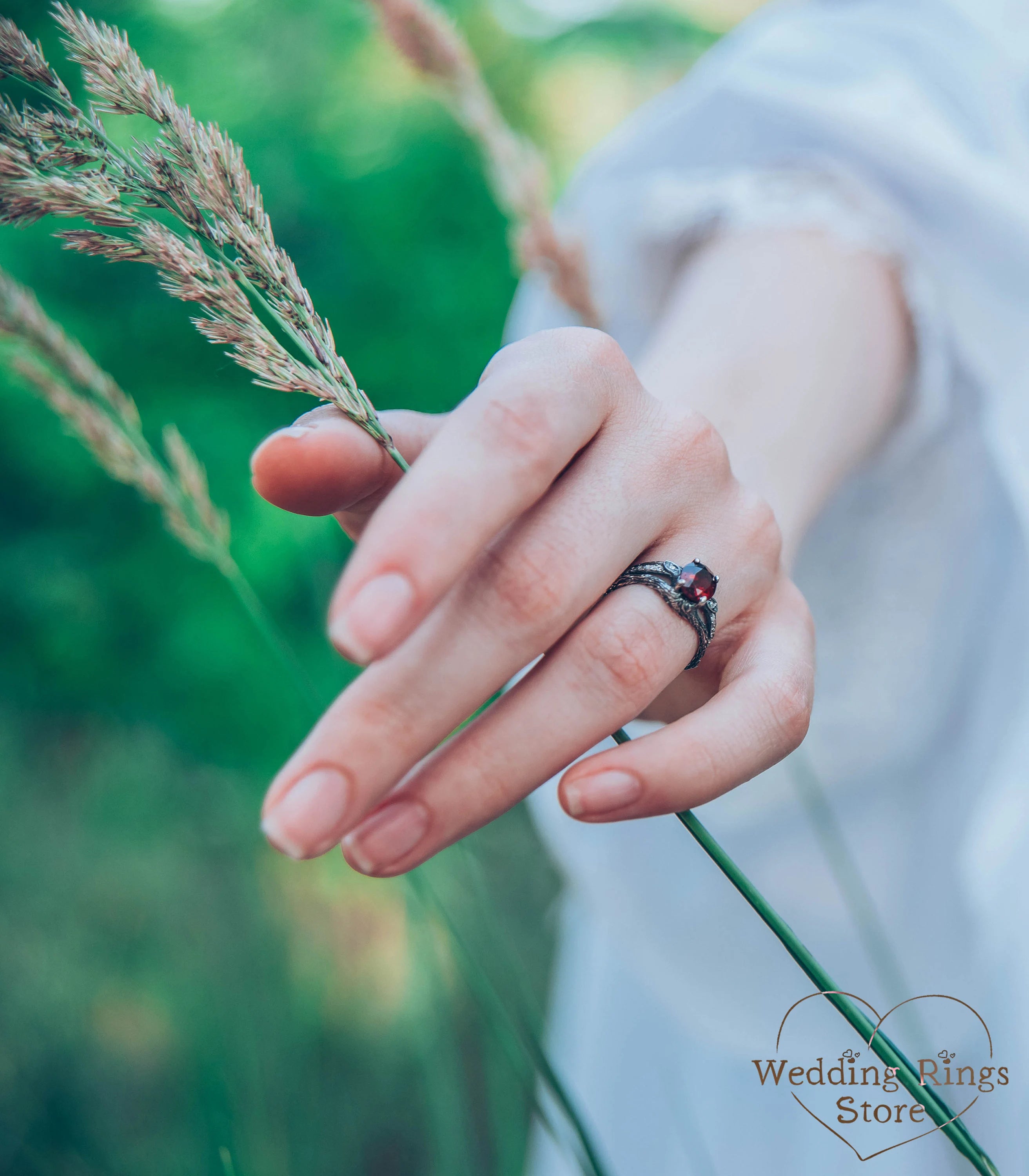 Split Silver Twig Garnet Proposal Ring with Side Stones