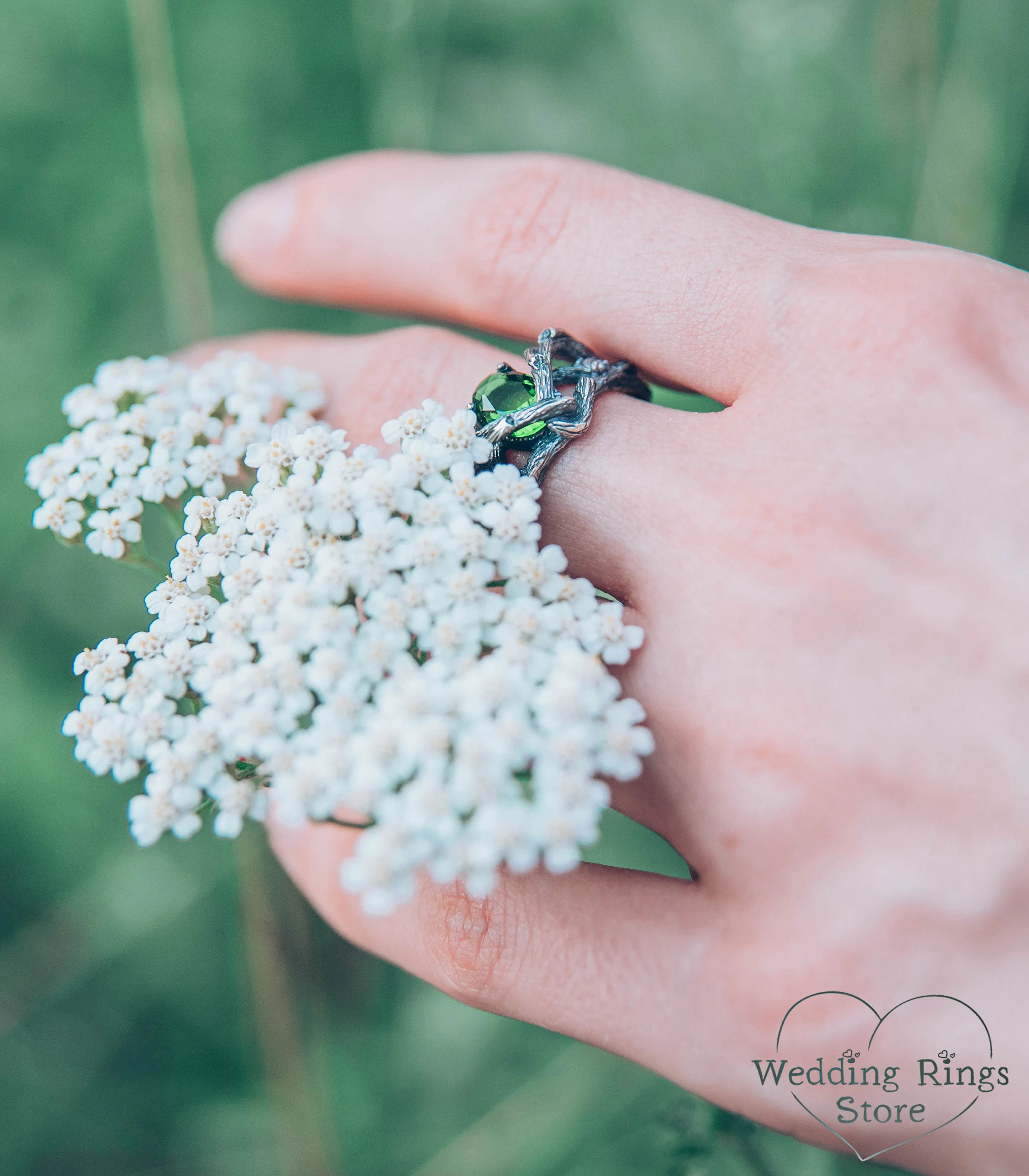 Emerald Twig Engagement Ring Whimsical Silver Tree Branch