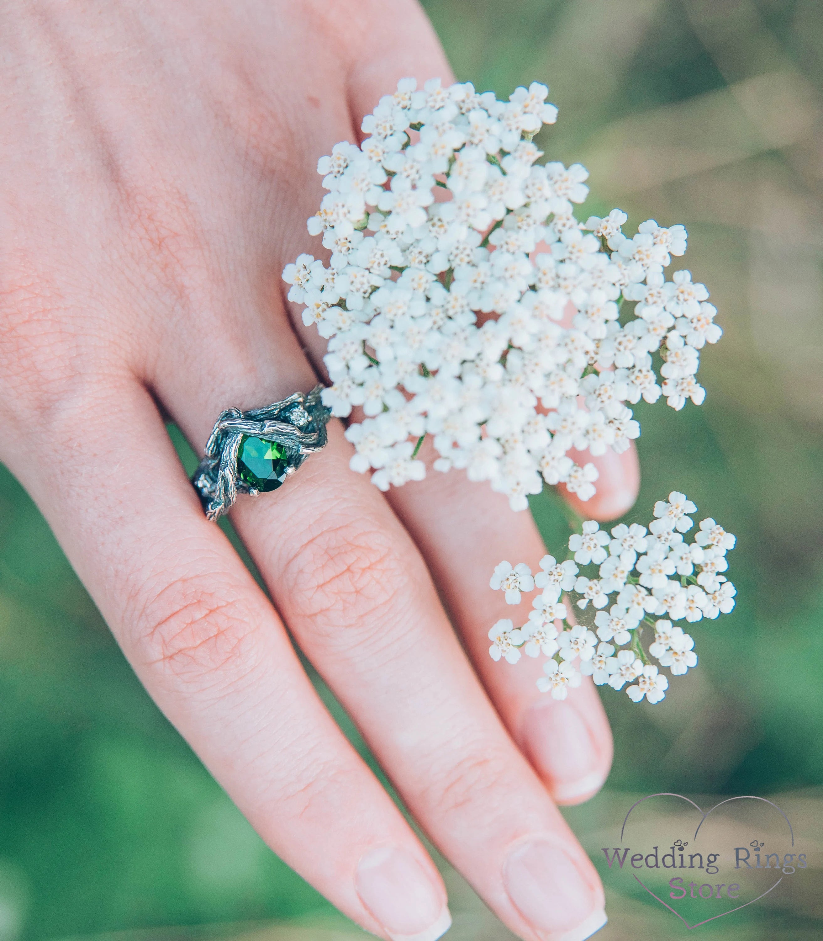 Emerald Twig Engagement Ring Whimsical Silver Tree Branch