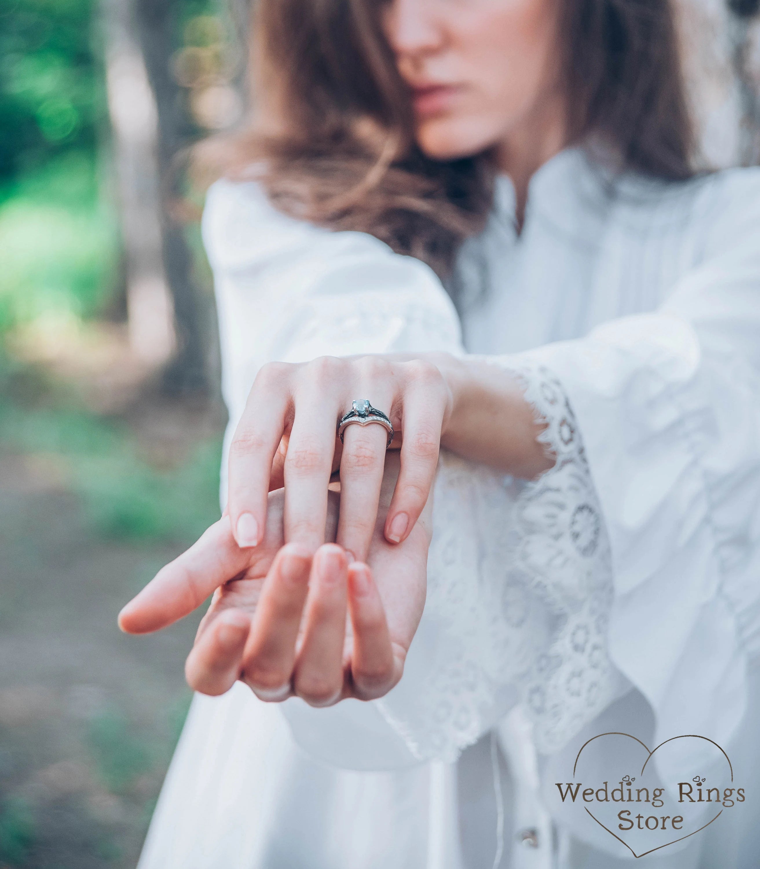 Delicate Chevron Branch Engagement Ring with Topaz