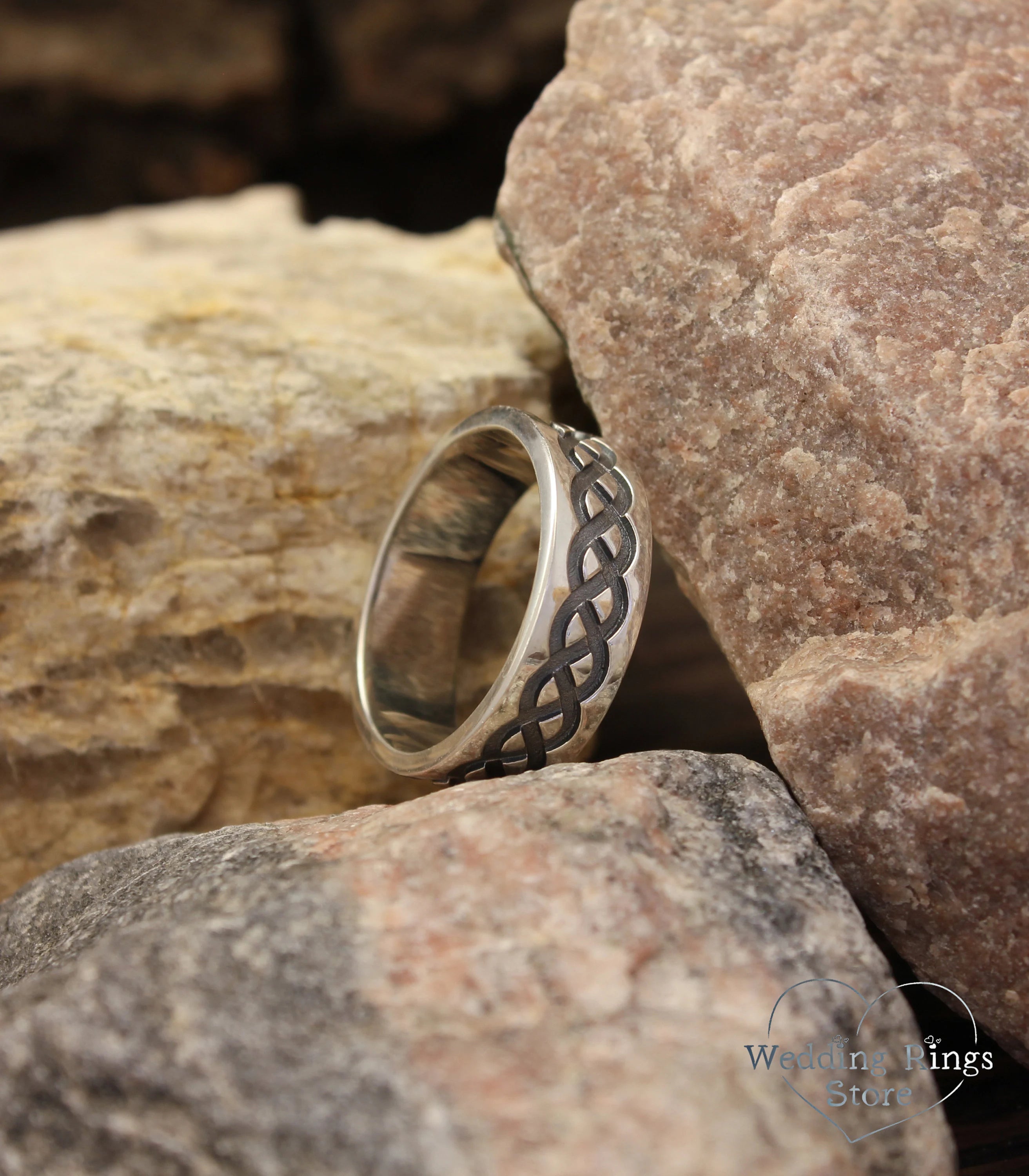 Chunky Celtic Silver Wedding Band in Vintage style