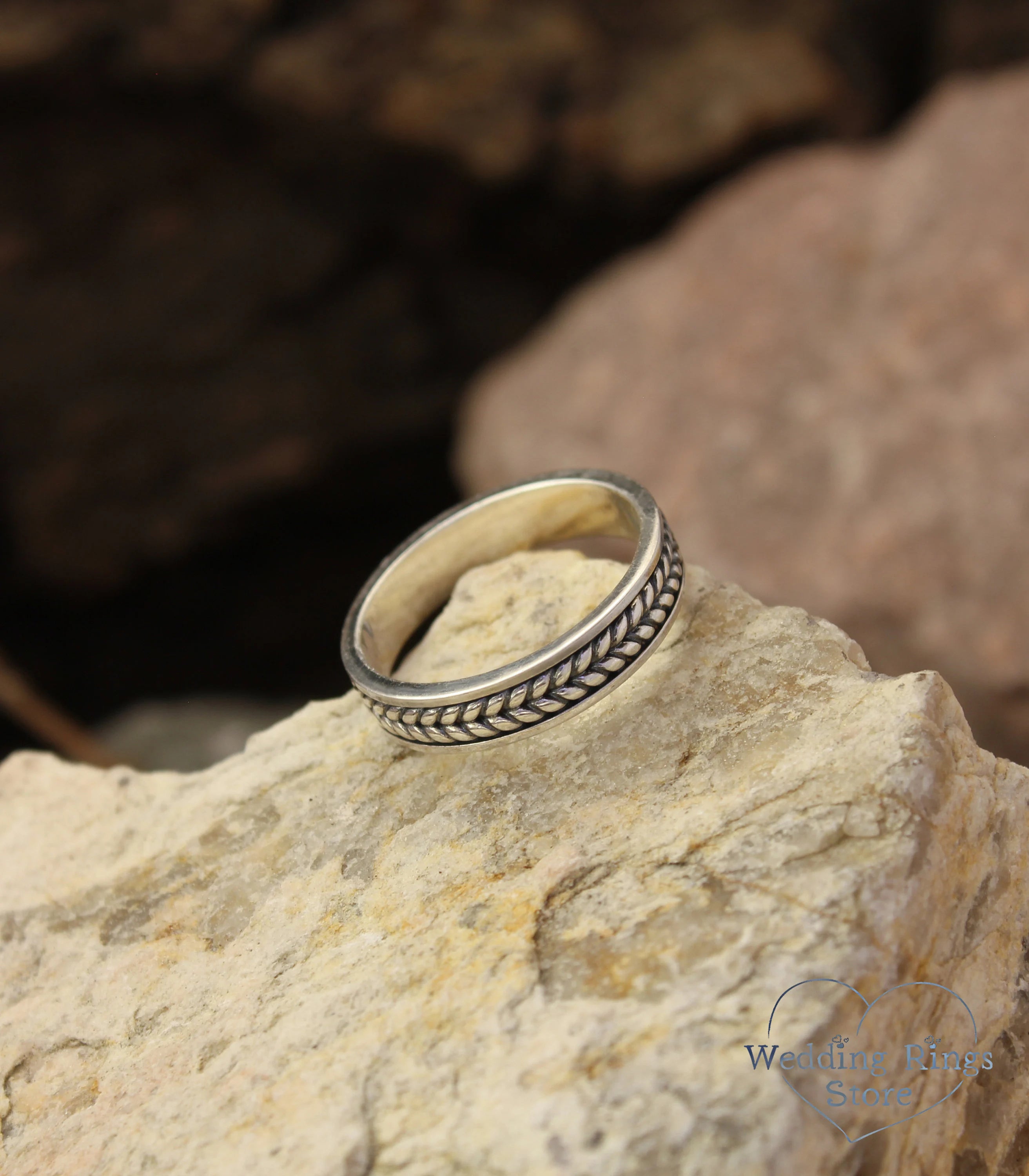 Medieval style Silver braided Wedding Band for men and women