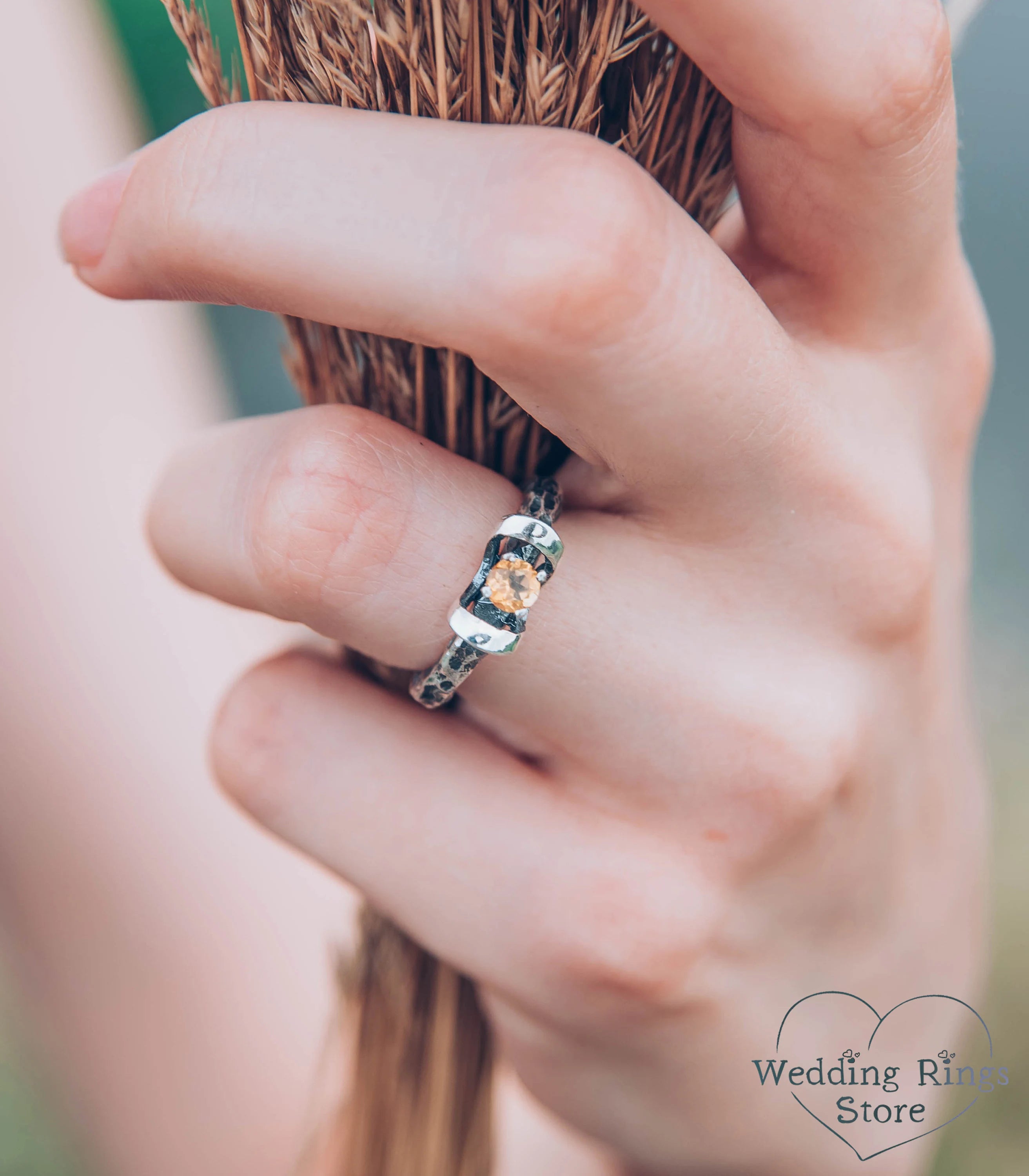 Rocky & Hammered Silver Engagement Ring with Citrine