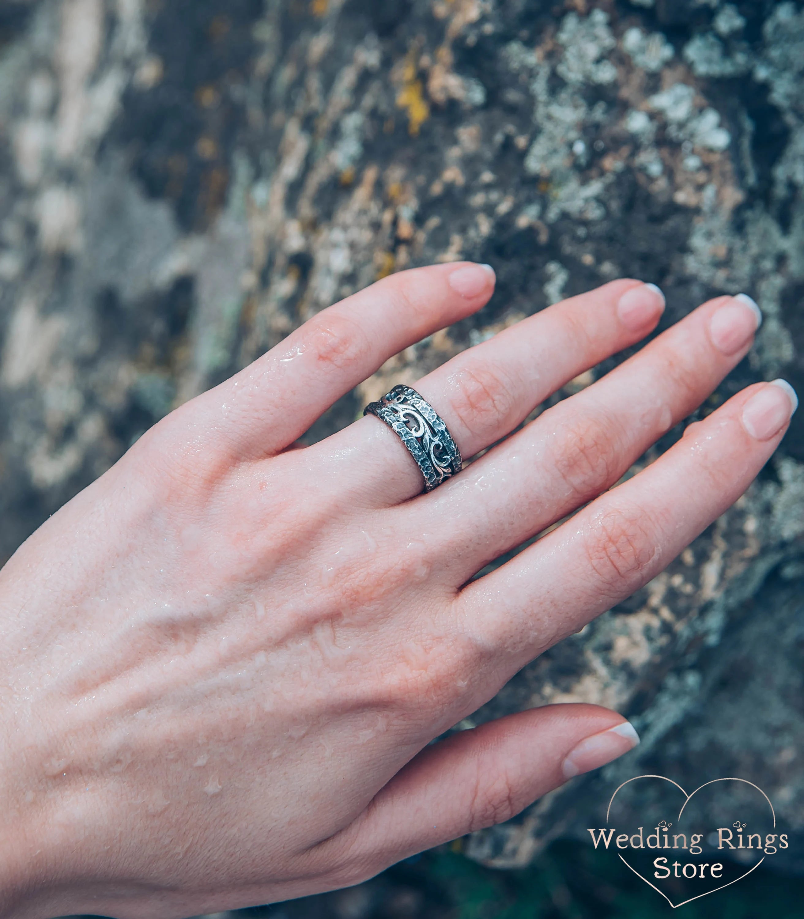 Hammered Wedding Band Vintage style Vine & Rocky Silver