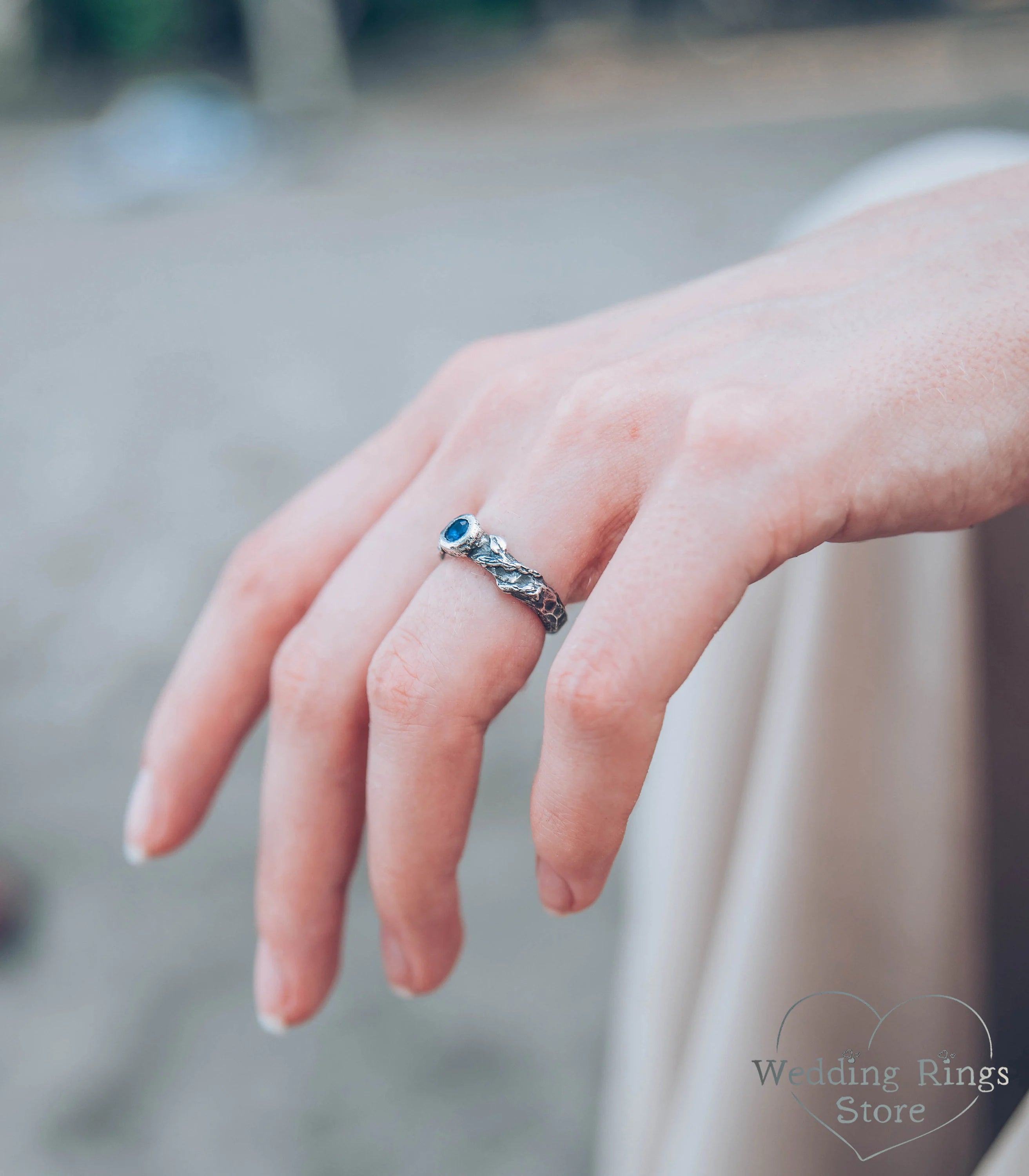 Rock and Branch Hammered Engagement Ring with Sapphire