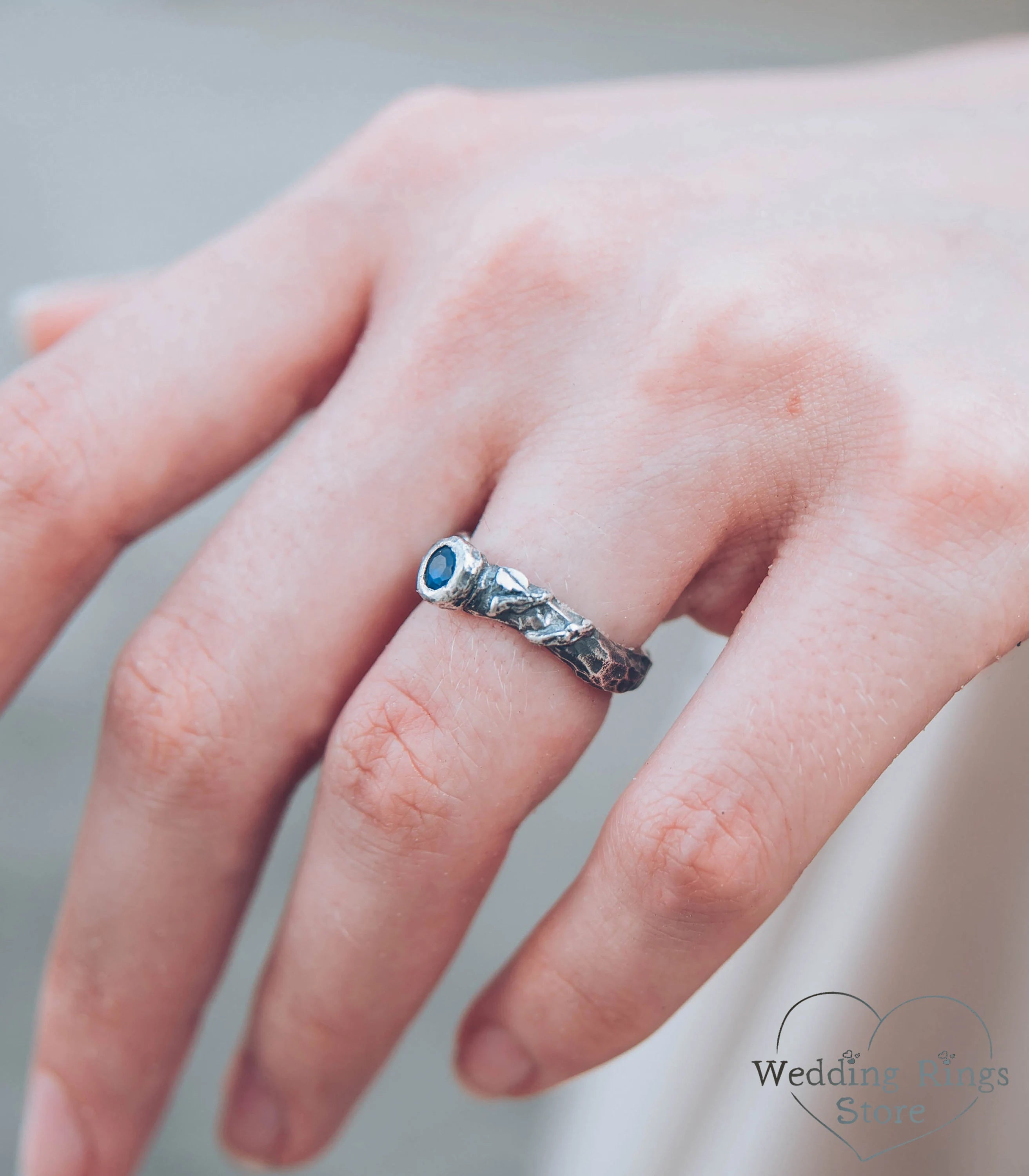 Rock and Branch Hammered Engagement Ring with Sapphire