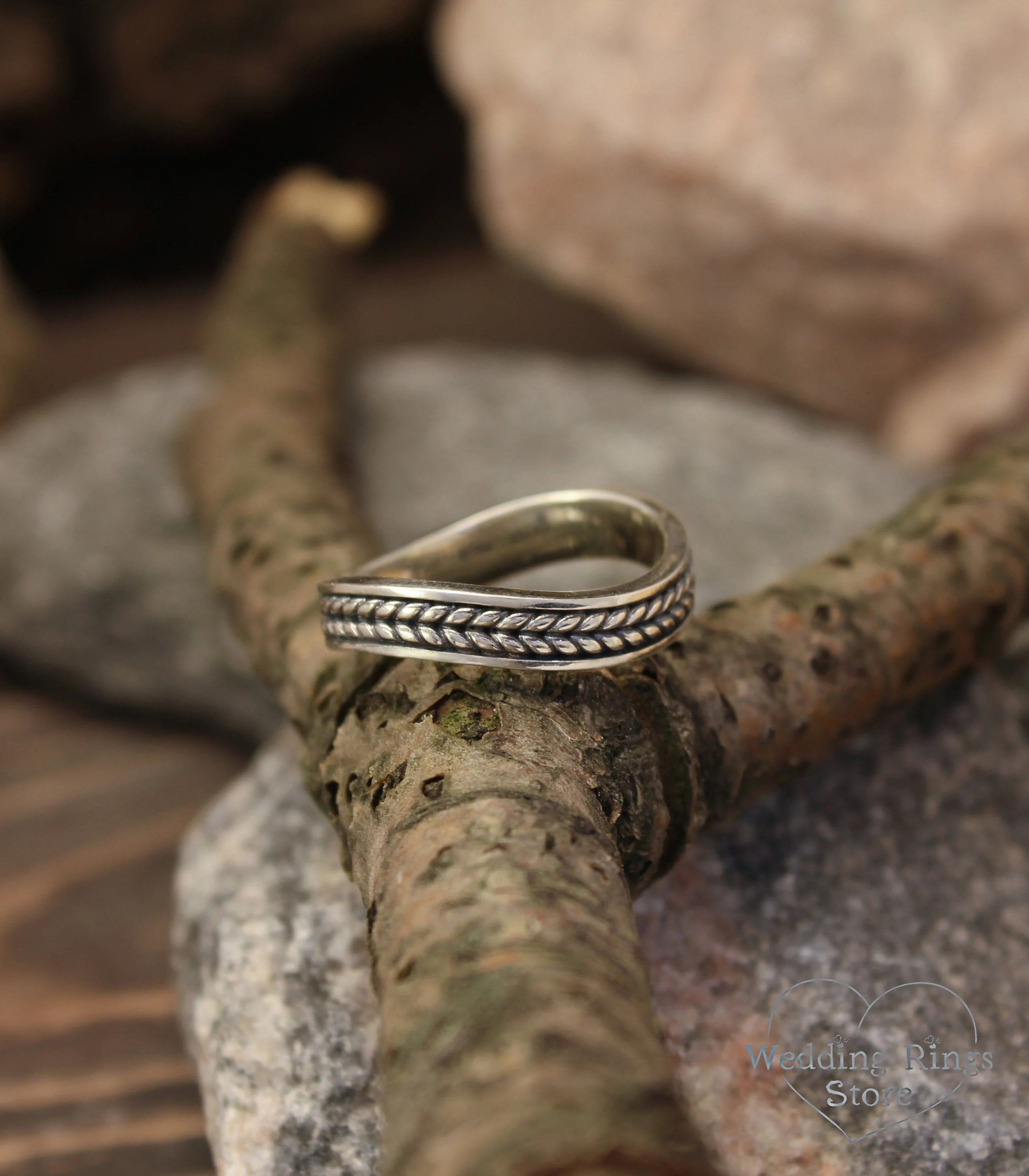 Wavy Wicker Silver Wedding Band with braid