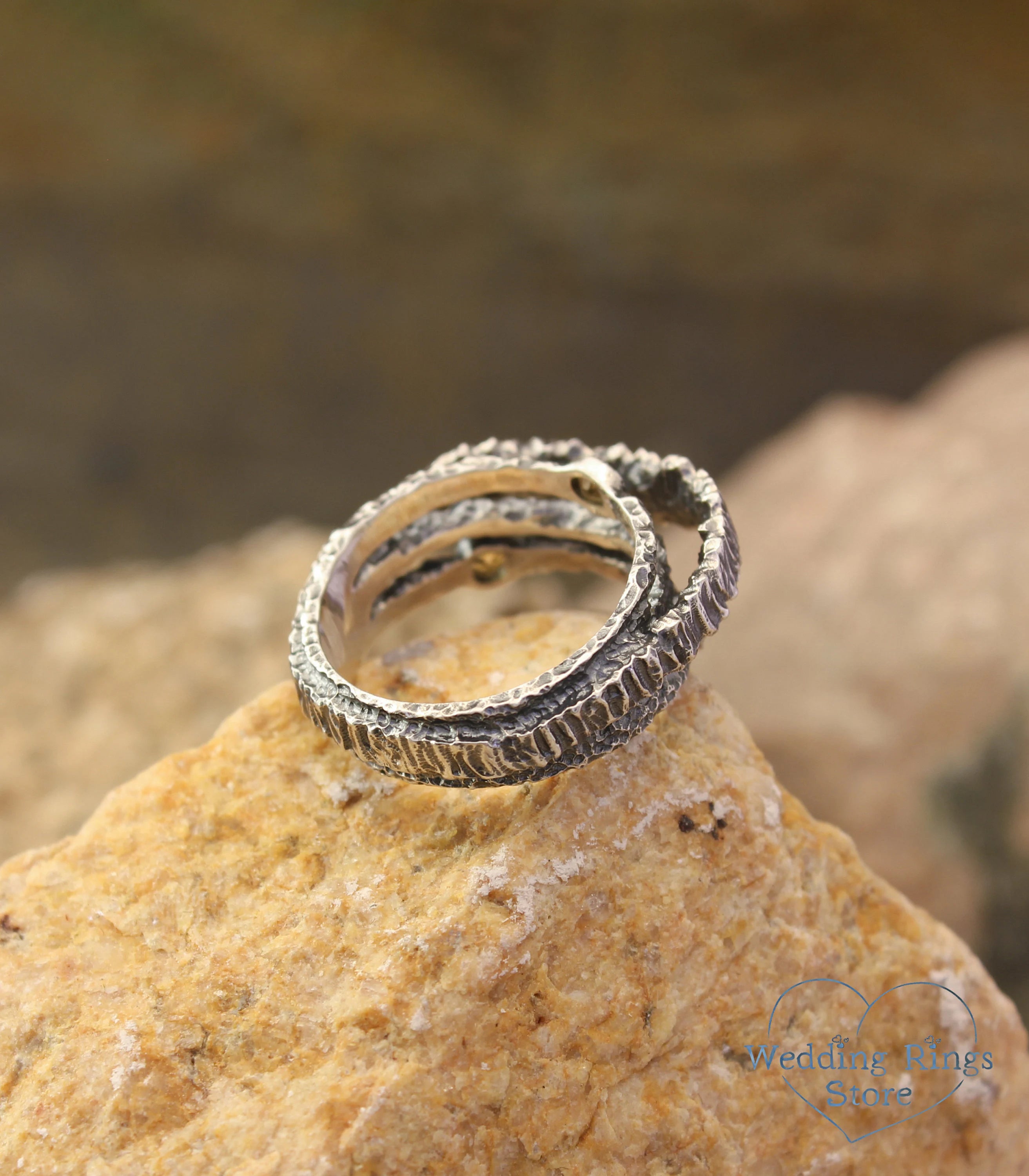 Hammered Silver Tree bark Ring Band with Citrines