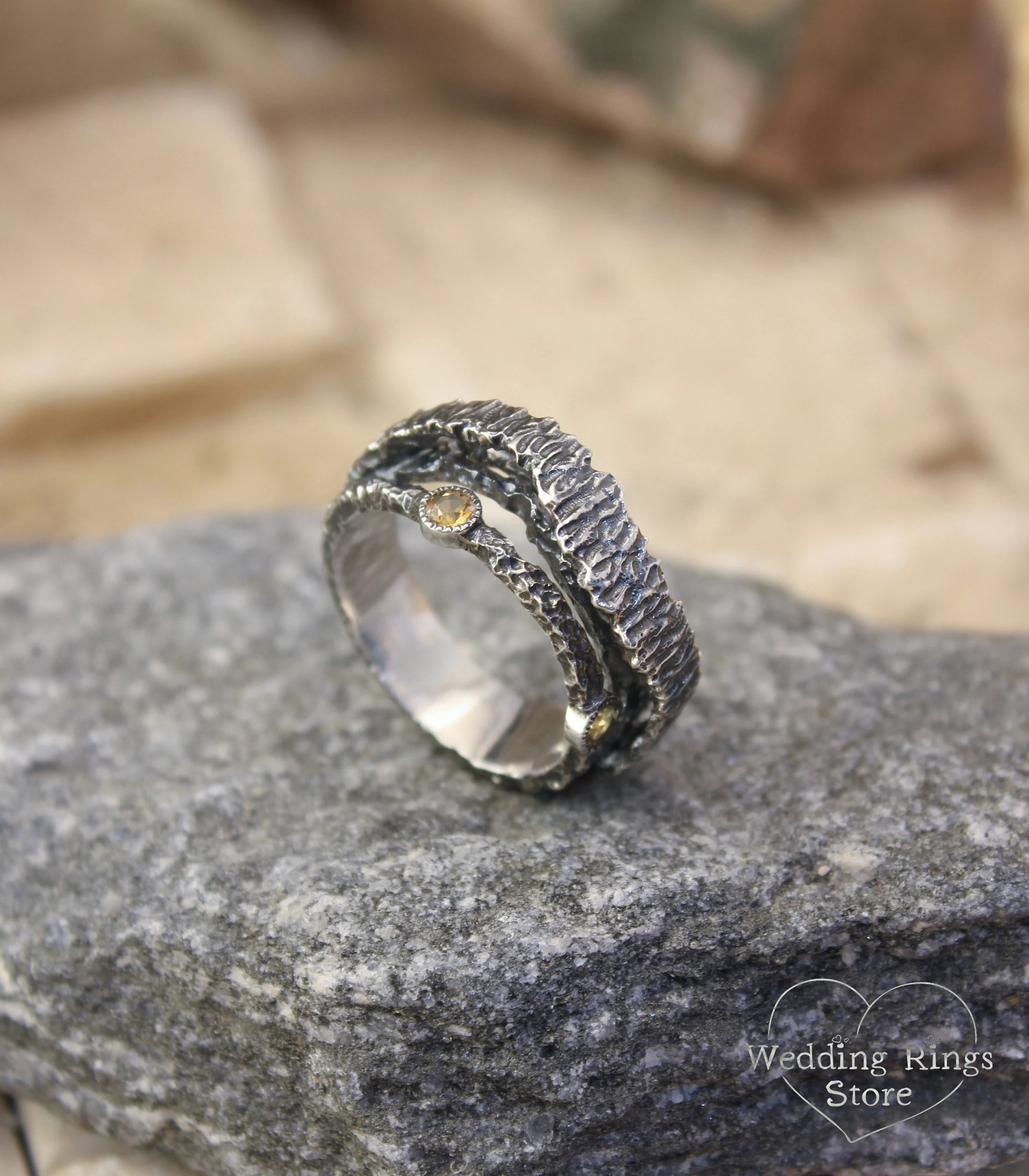 Hammered Silver Tree bark Ring Band with Citrines