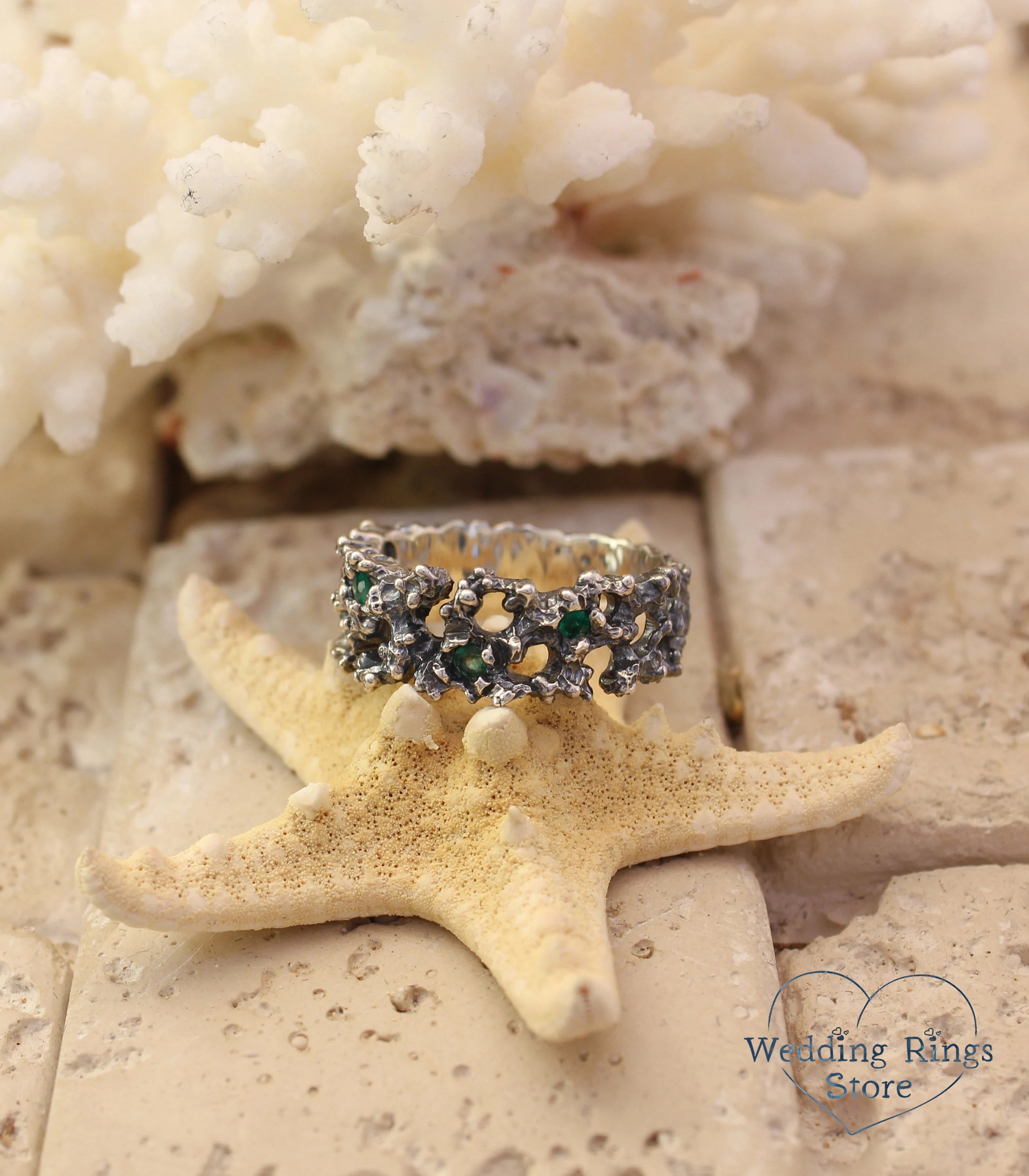 Unique Engagement Coral Ring with Emeralds Ocean Inspired