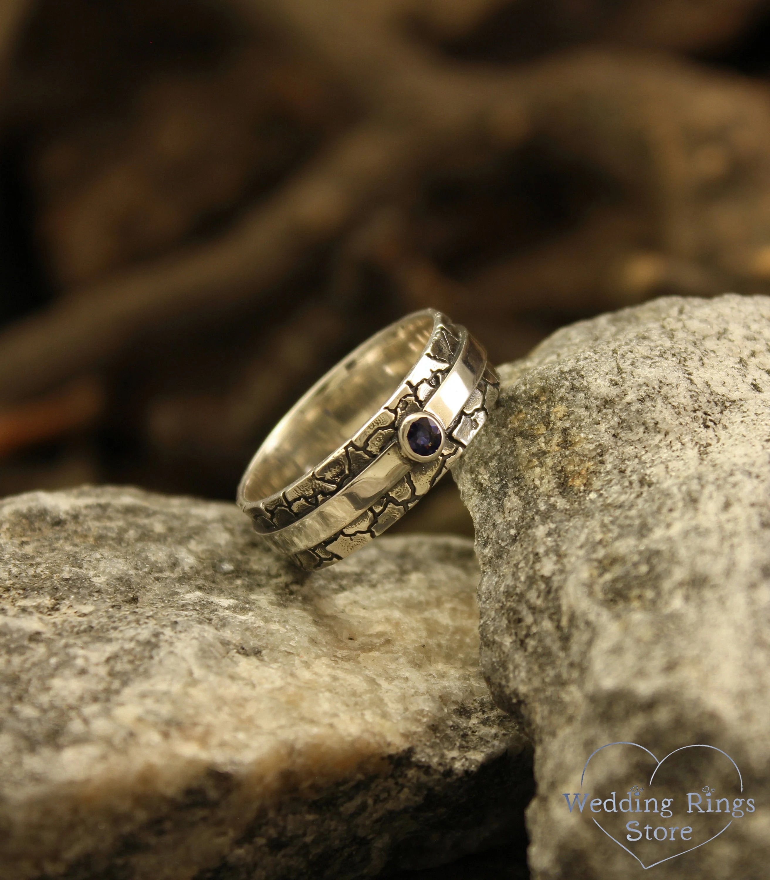 Dry Earth Silver Sapphire Wide Band Engagement & Wedding Ring