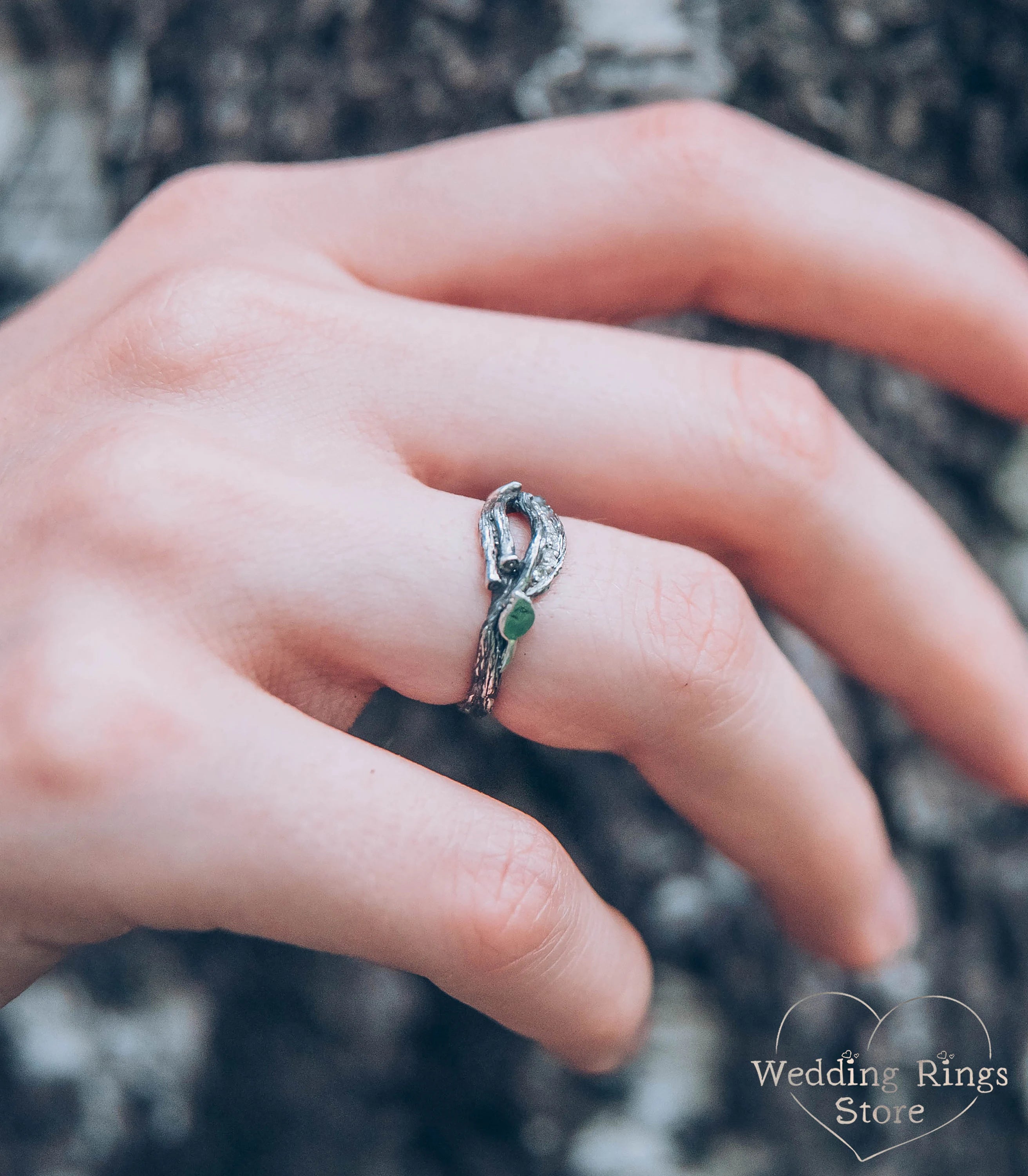 Silver Elvish Ring with shiny Leaves and Branch adorned with Gems