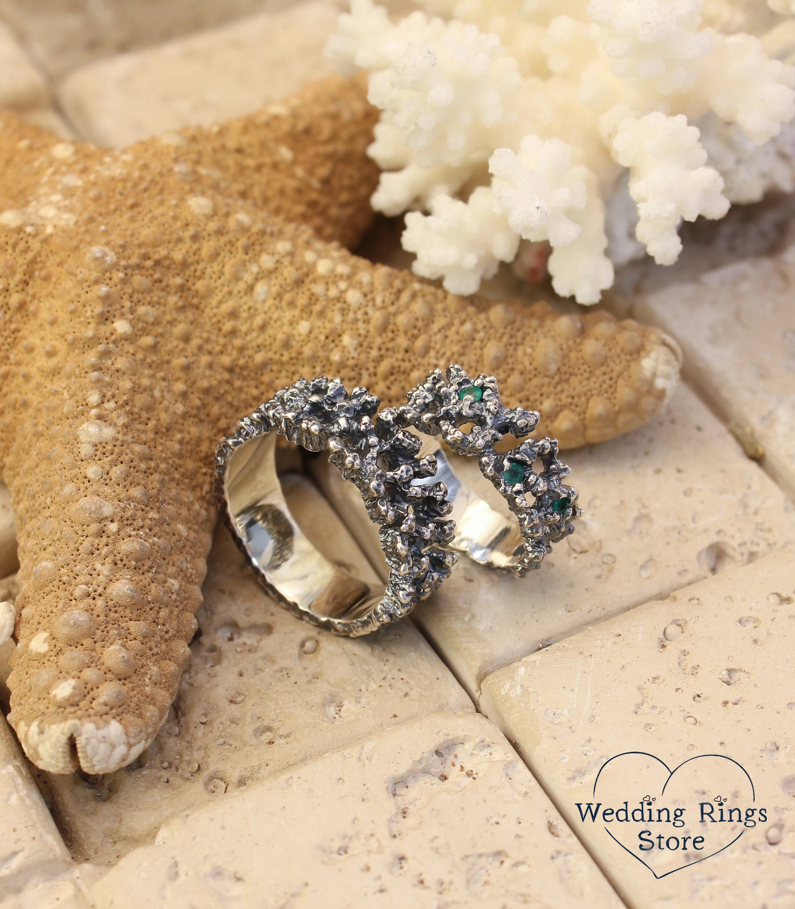 Silver Ocean Сoral Wedding Bands Set with Emeralds