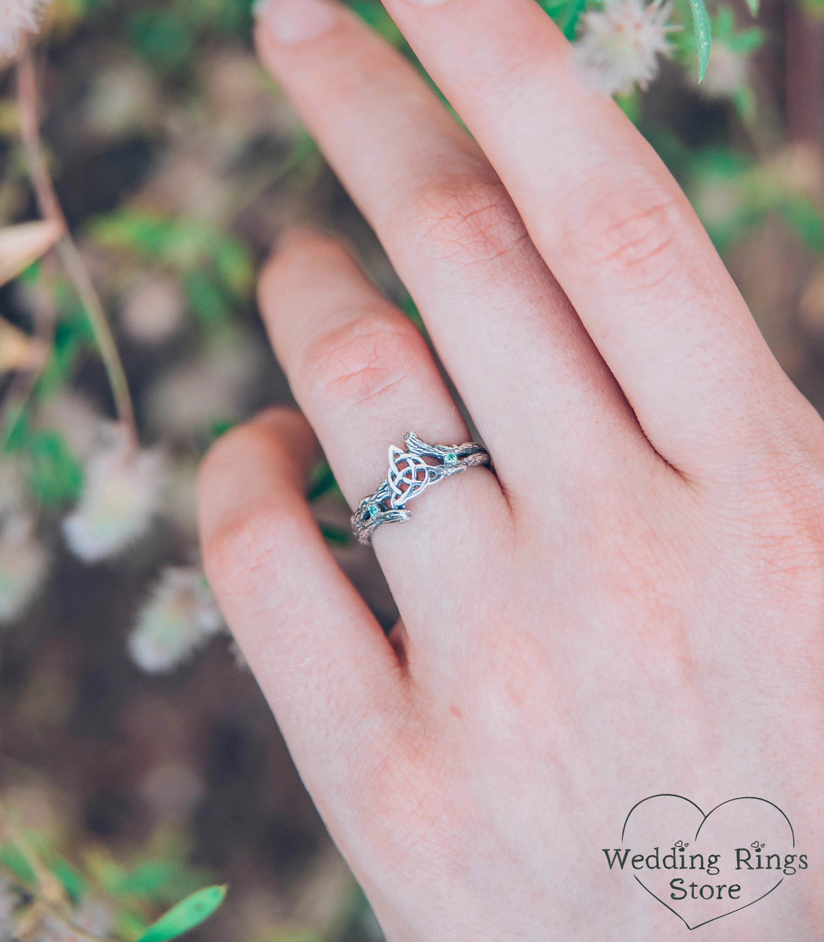 Celtic Triquetra & Emerald Silver Tiny Branch Ring