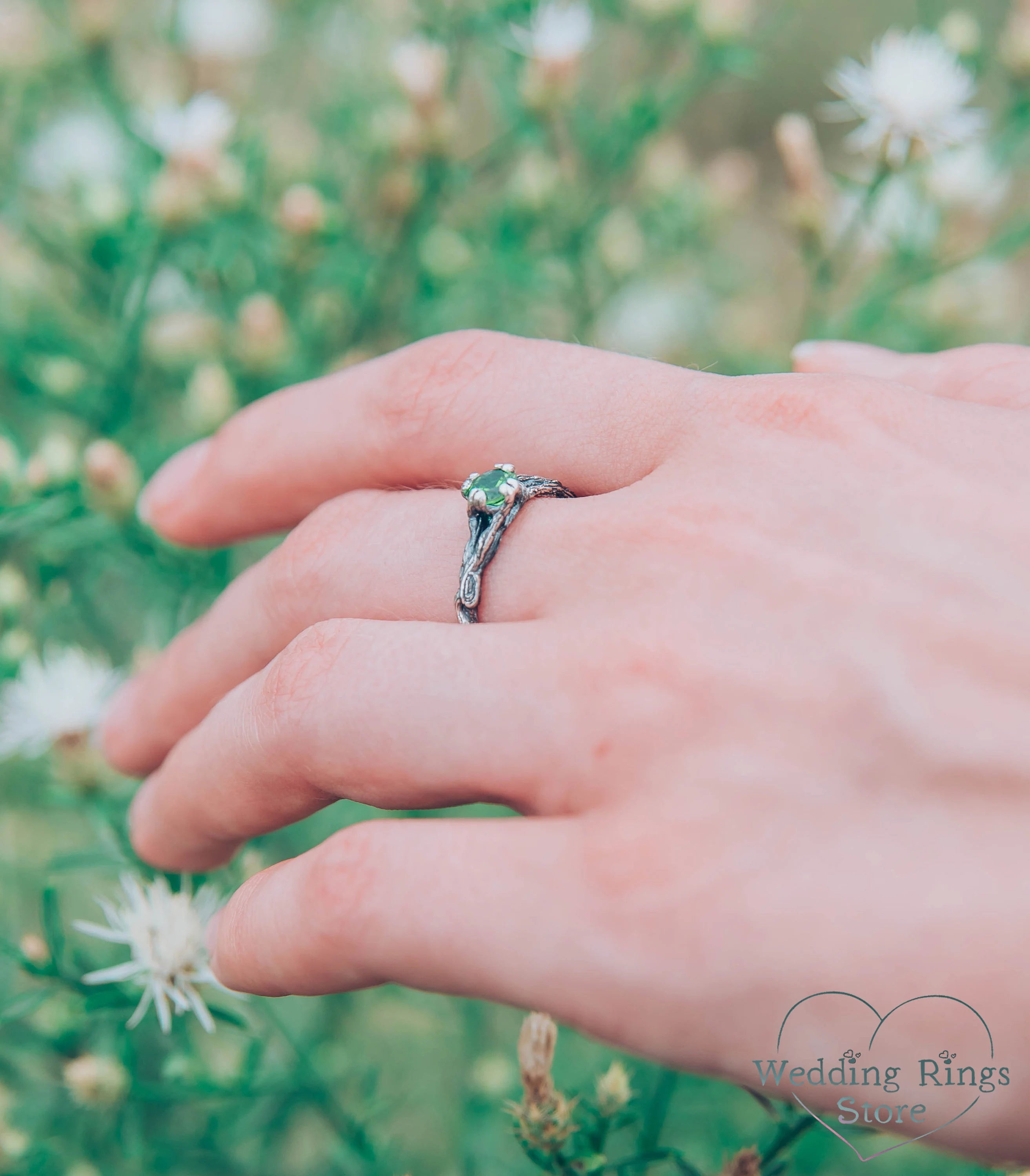 Solitaire Emerald & Silver Tiny Branch Engagement Ring