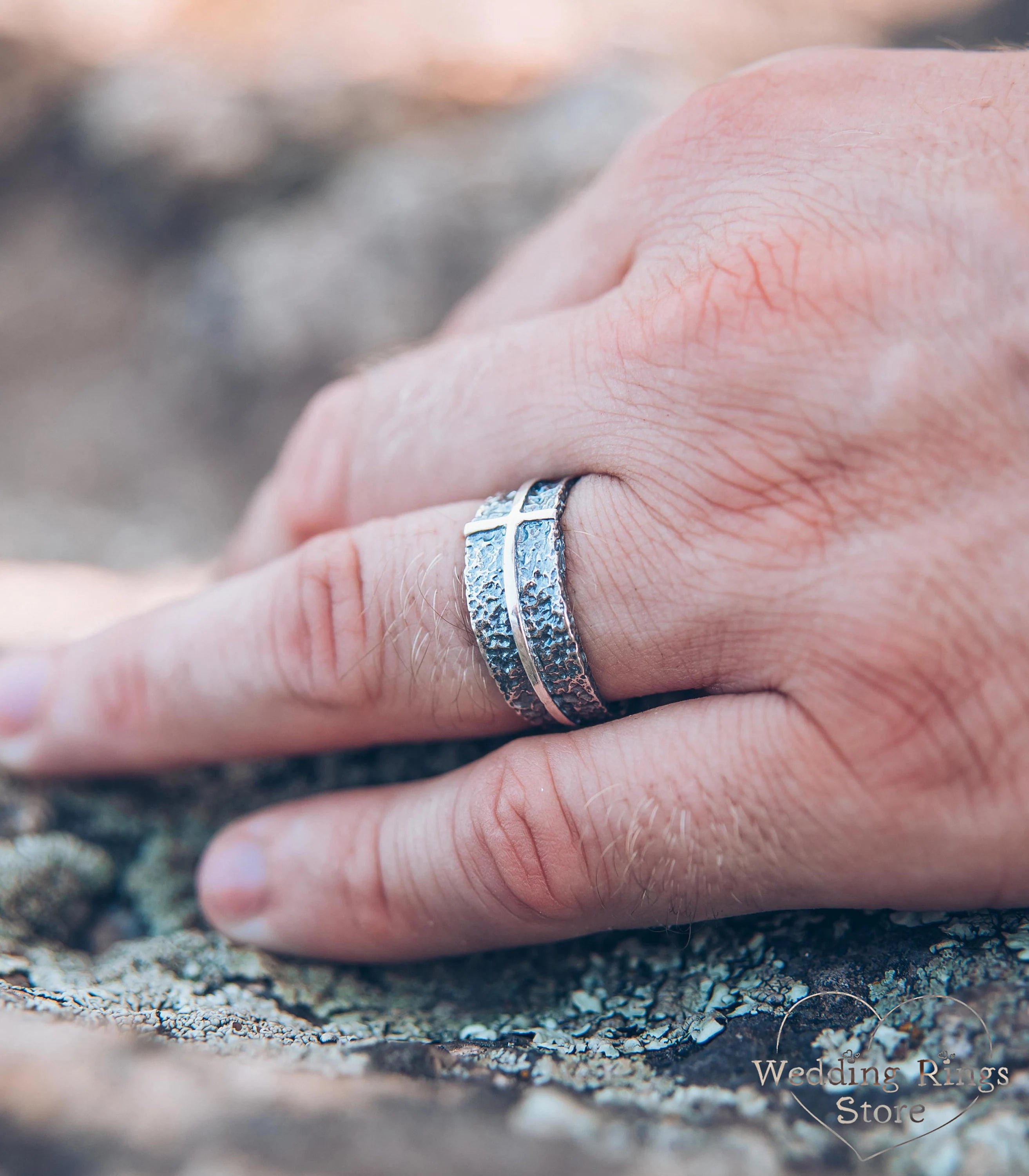 Wide Men's Cross Hammered Wedding Band in Silver