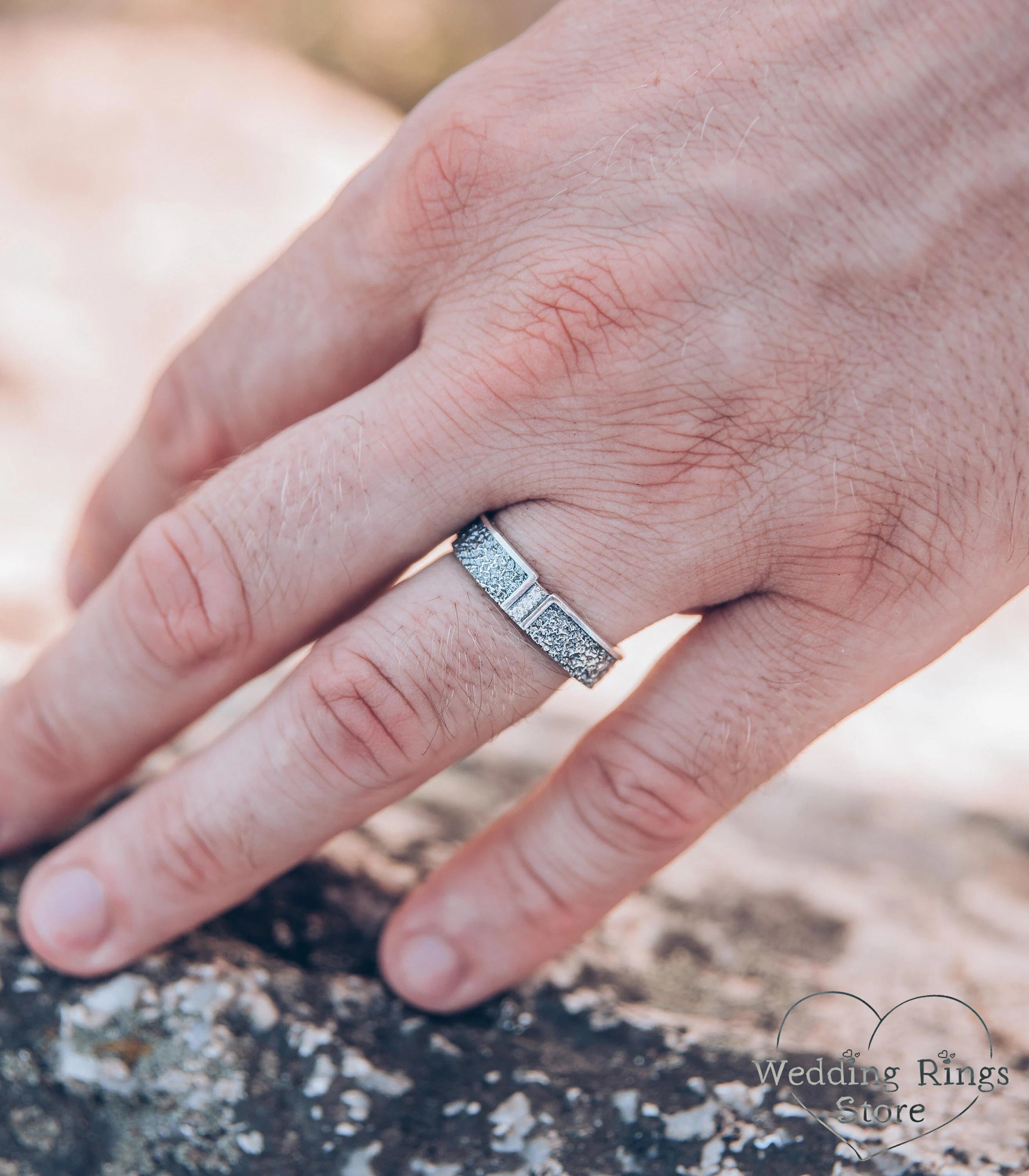 Modern Silver Hammered Diamond Wedding Band