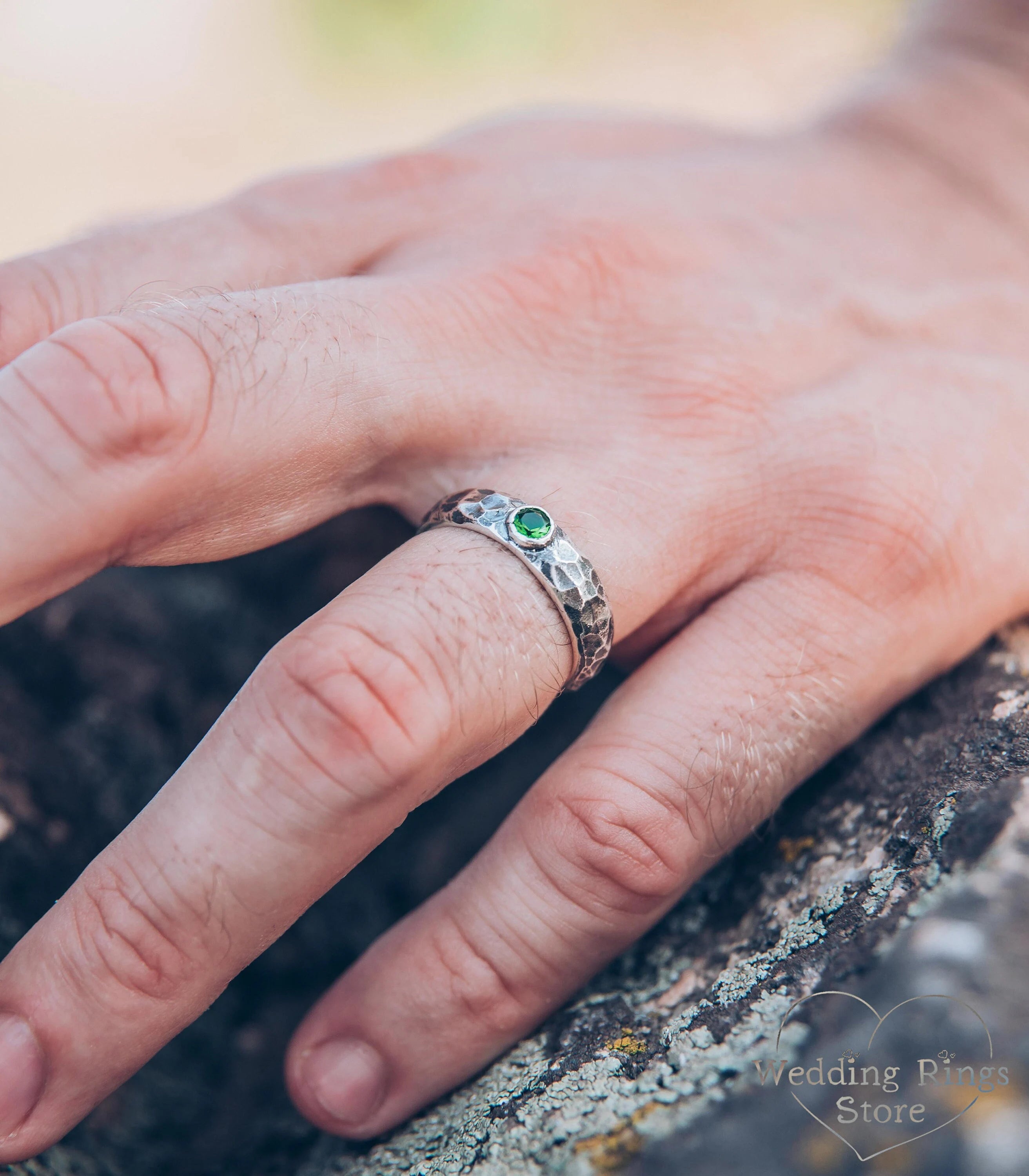 Brutalist Men's Hammered Engagement Ring with Emerald