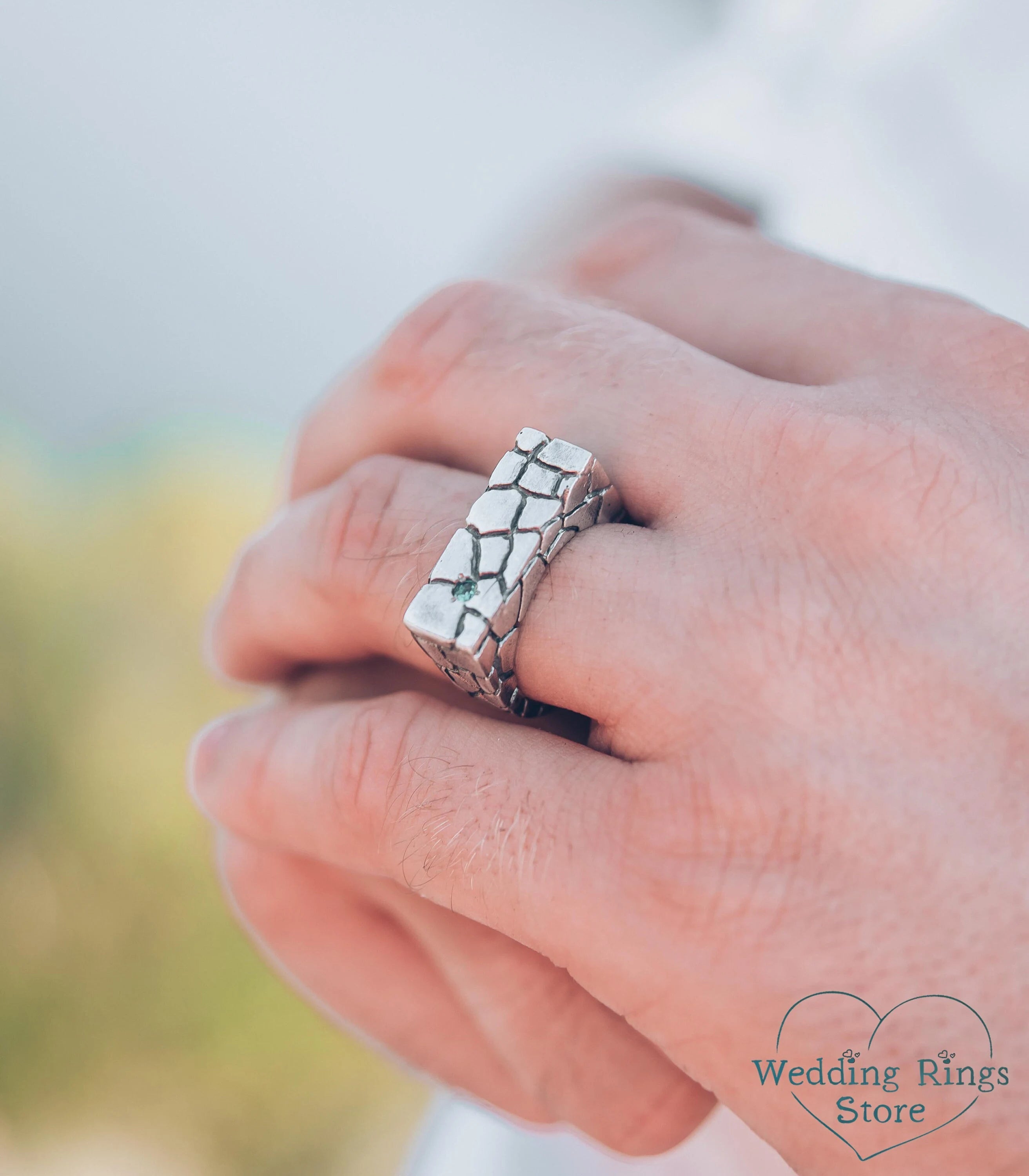 Cracked Flat Top Statement Ring with Natural Emerald