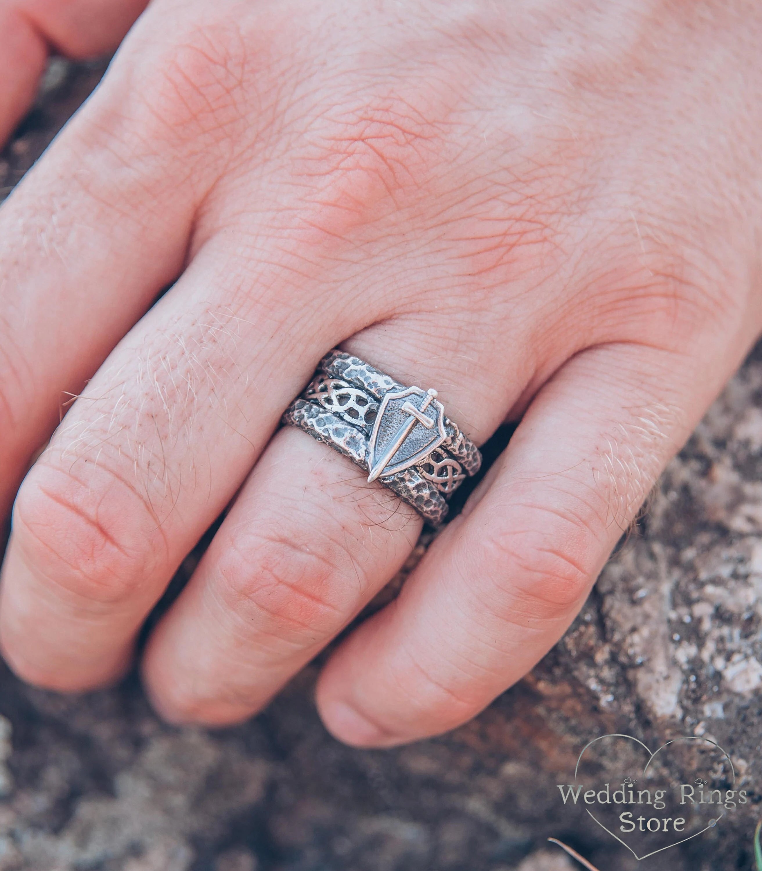 Wide Silver Men's Sword and Shield Ring Hammered Edges