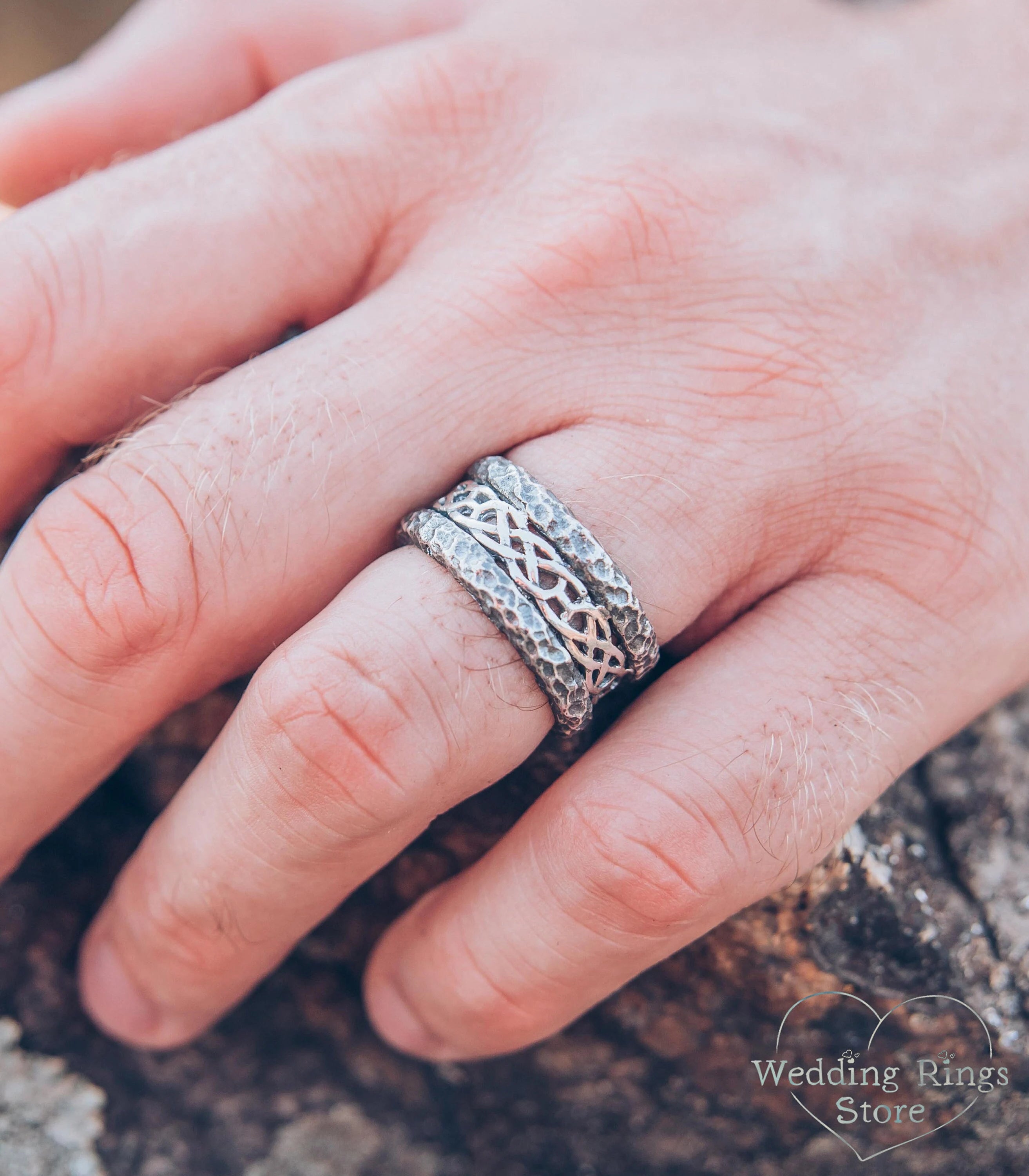 Unique Silver Celtic Wedding Band with Hammered Edges