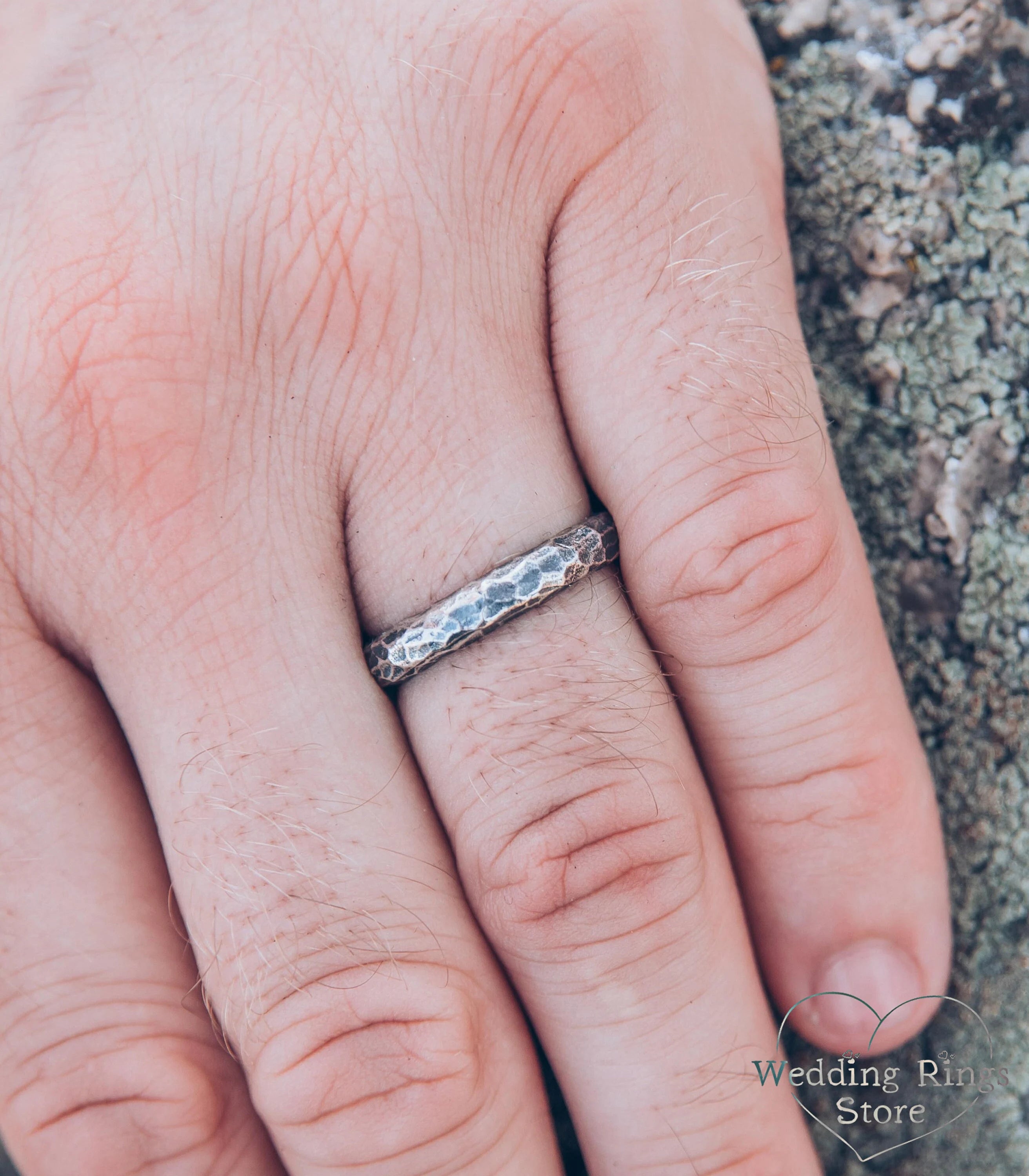 Rocky Hammered Silver Wedding Band Brutalist Style