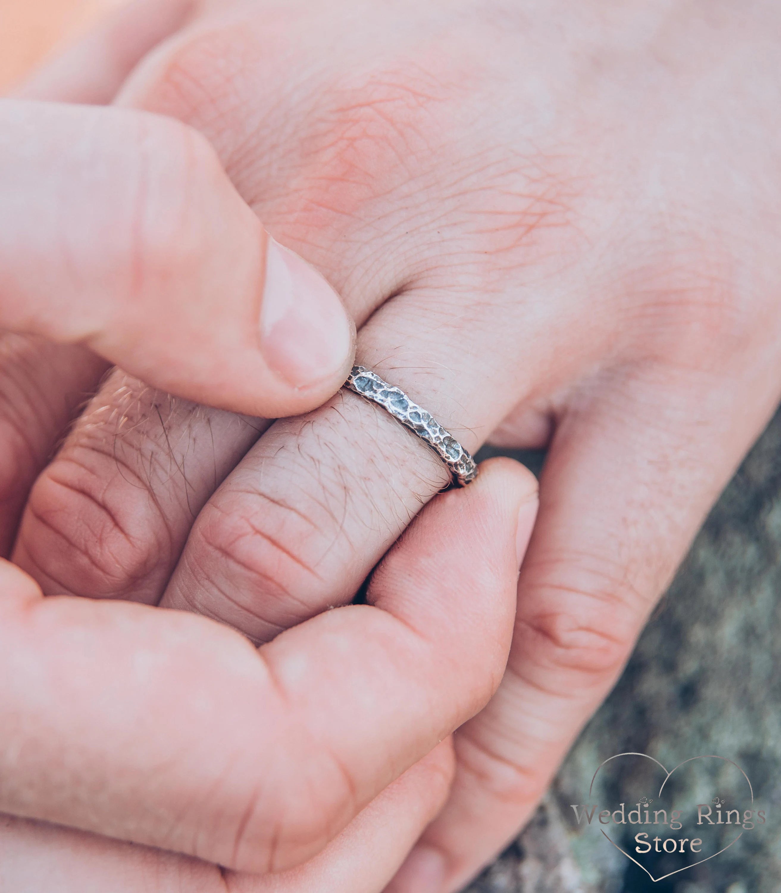 Thin Hammered Sterling Silver Wedding Band Stone Style