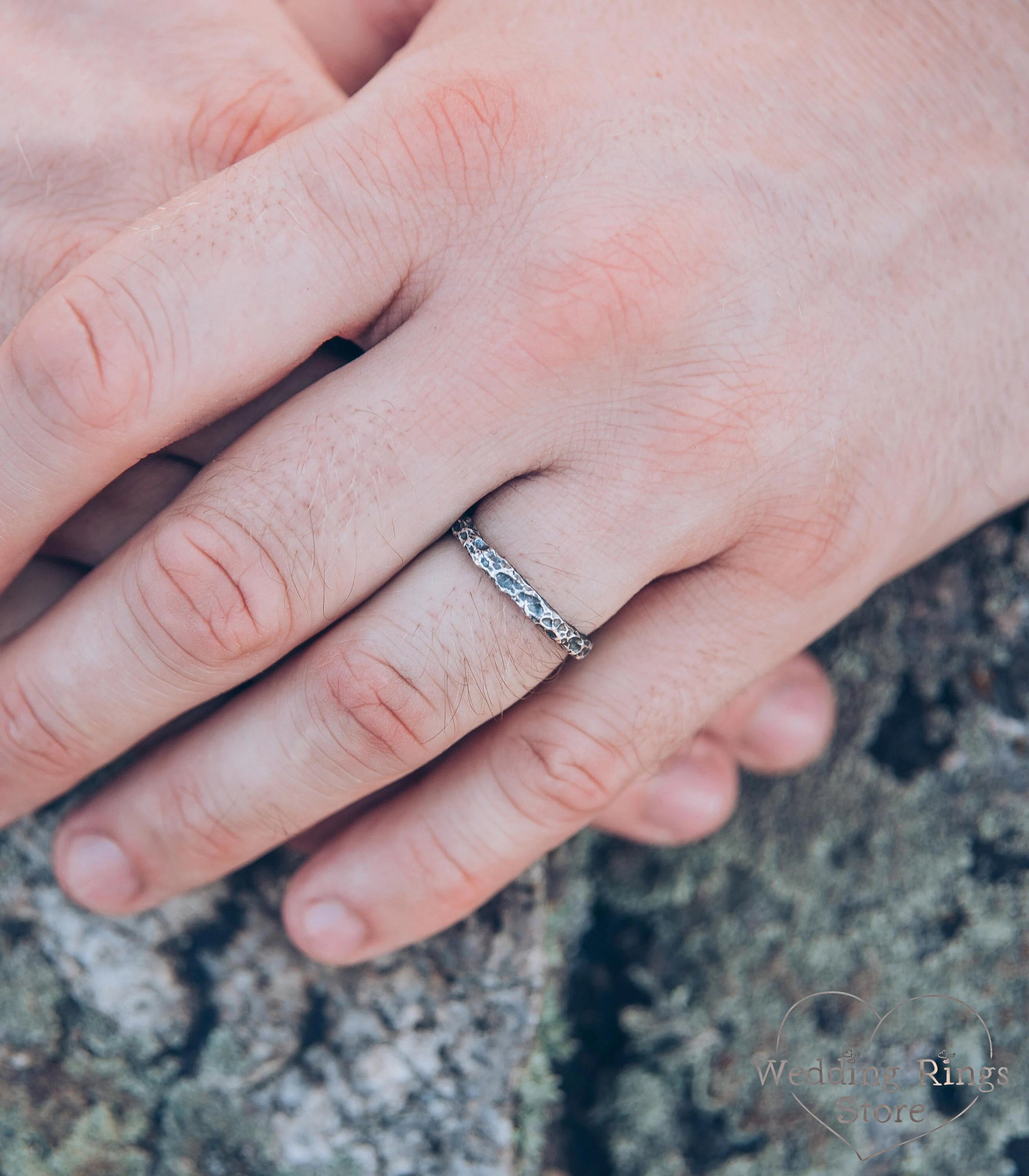 Thin Hammered Sterling Silver Wedding Band Stone Style