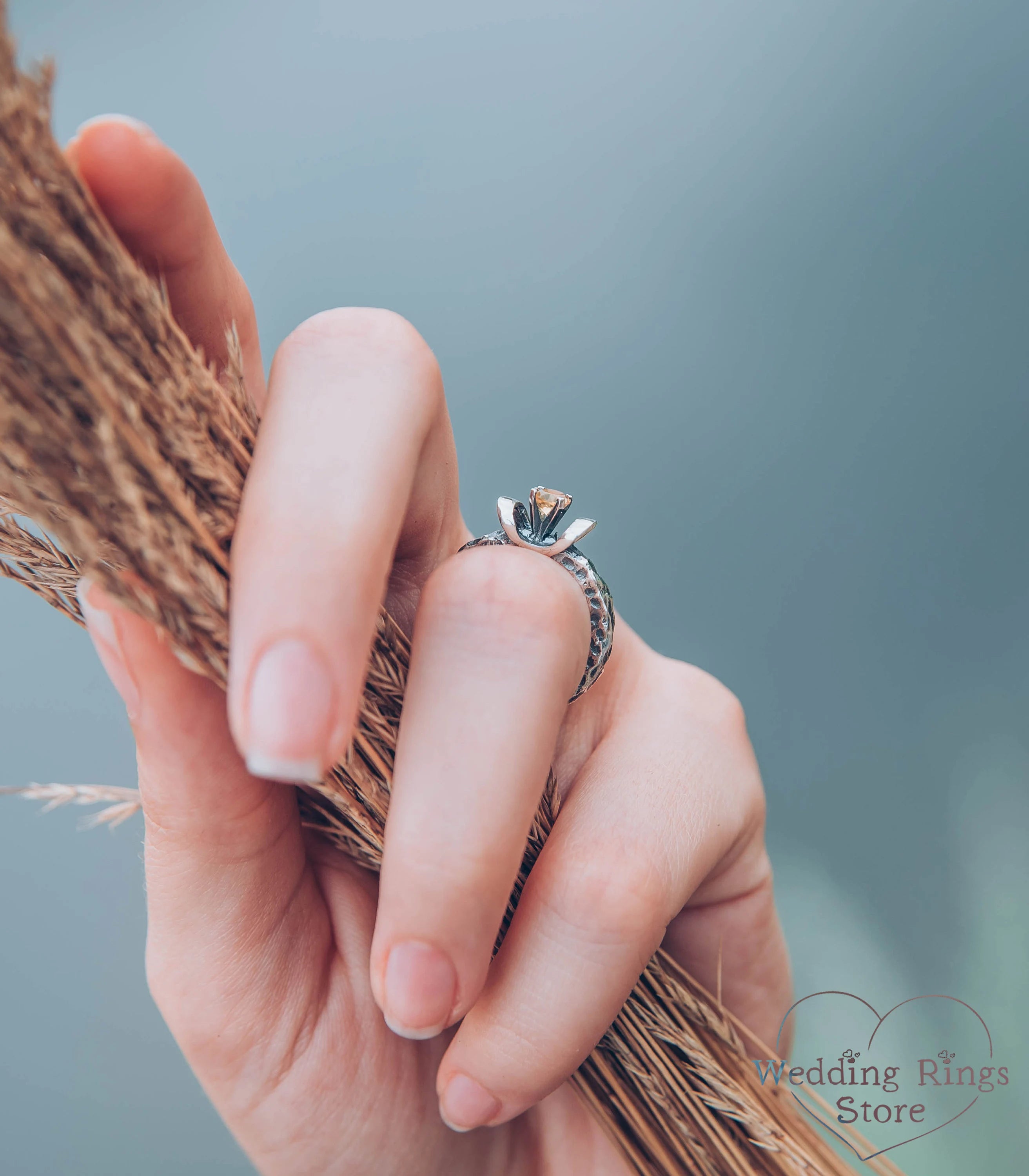 Rocky & Hammered Silver Engagement Ring with Citrine