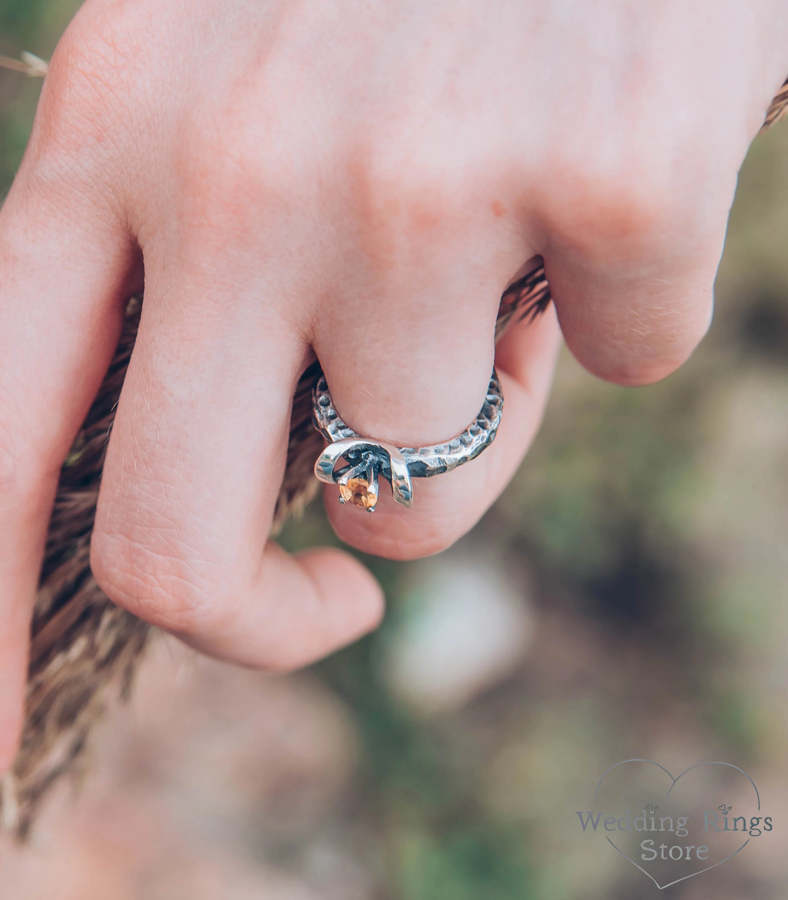 Rocky & Hammered Silver Engagement Ring with Citrine