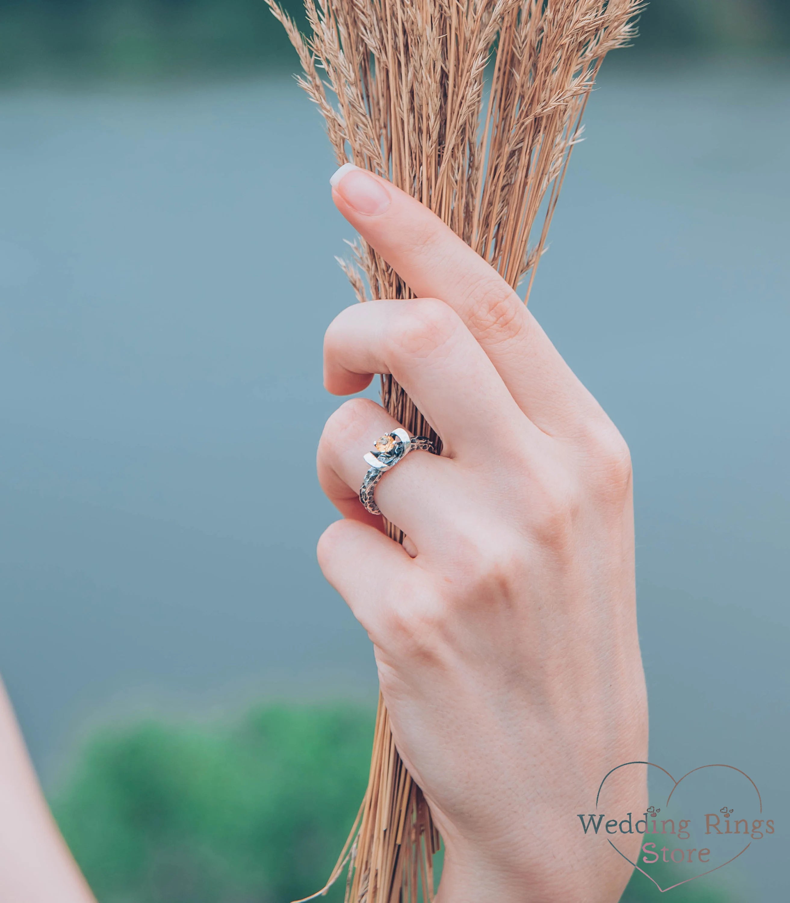 Rocky & Hammered Silver Engagement Ring with Citrine