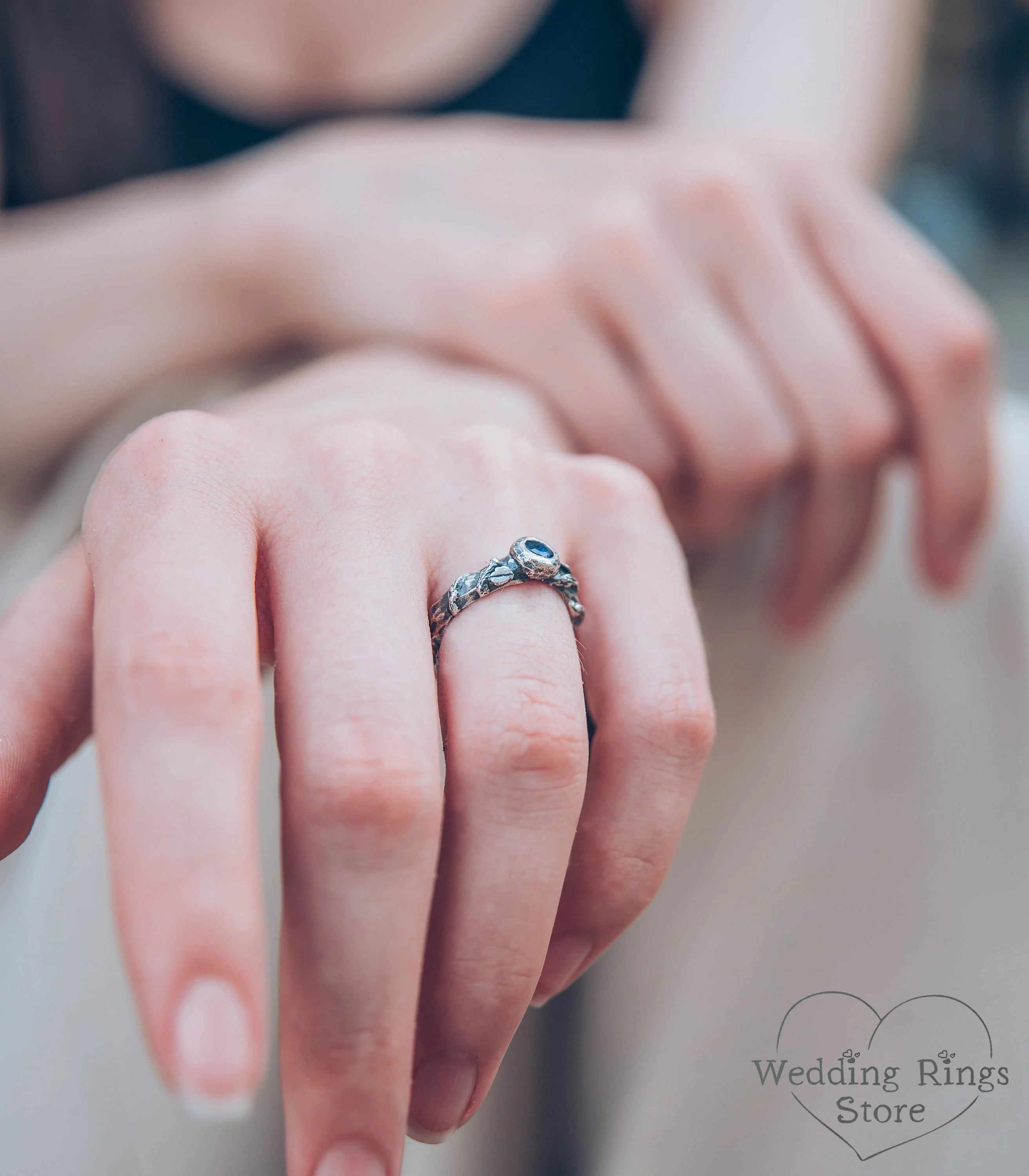 Rock and Branch Hammered Engagement Ring with Sapphire