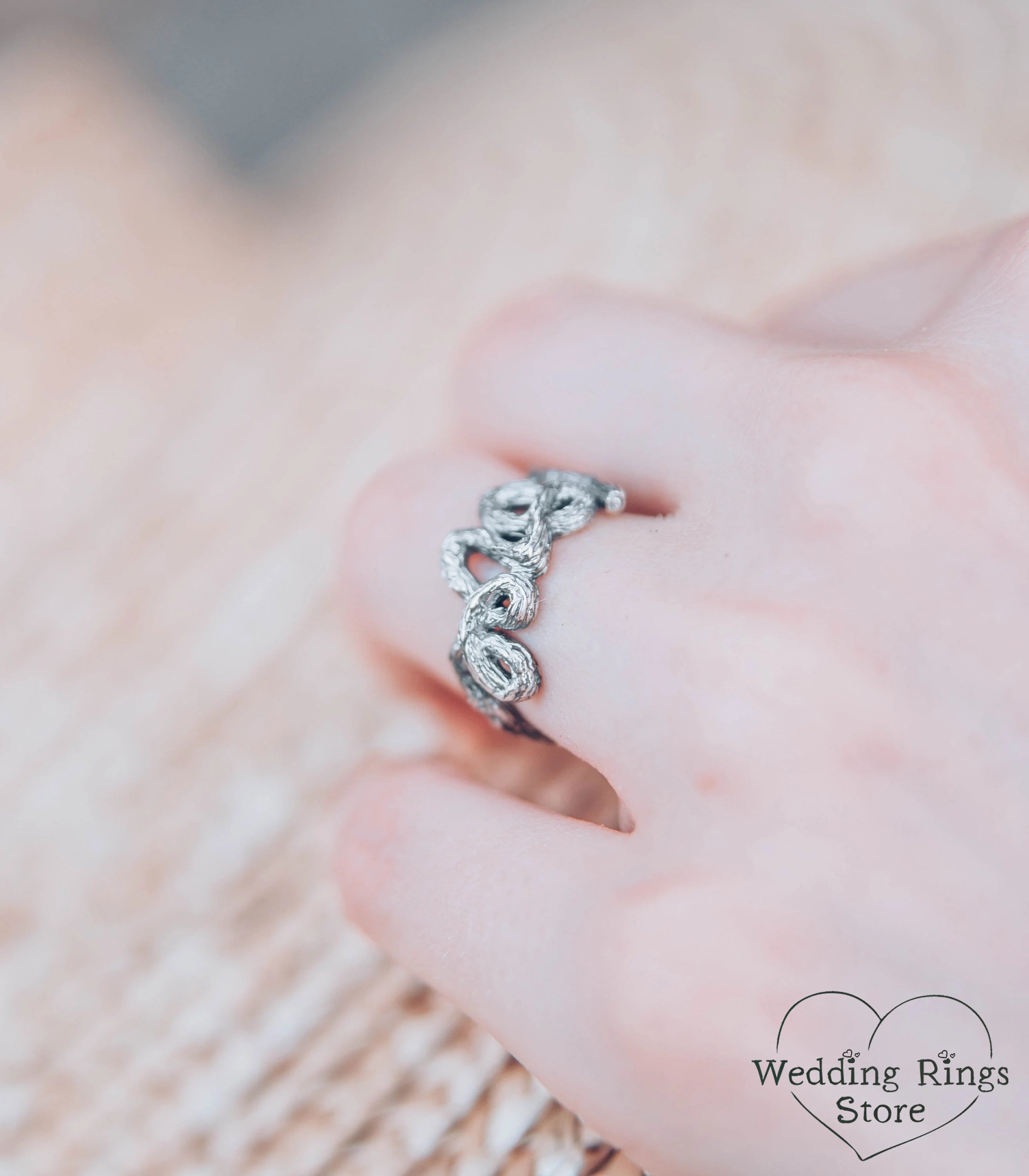 Unique Silver Branch Love Wedding Ring in Rustic Style