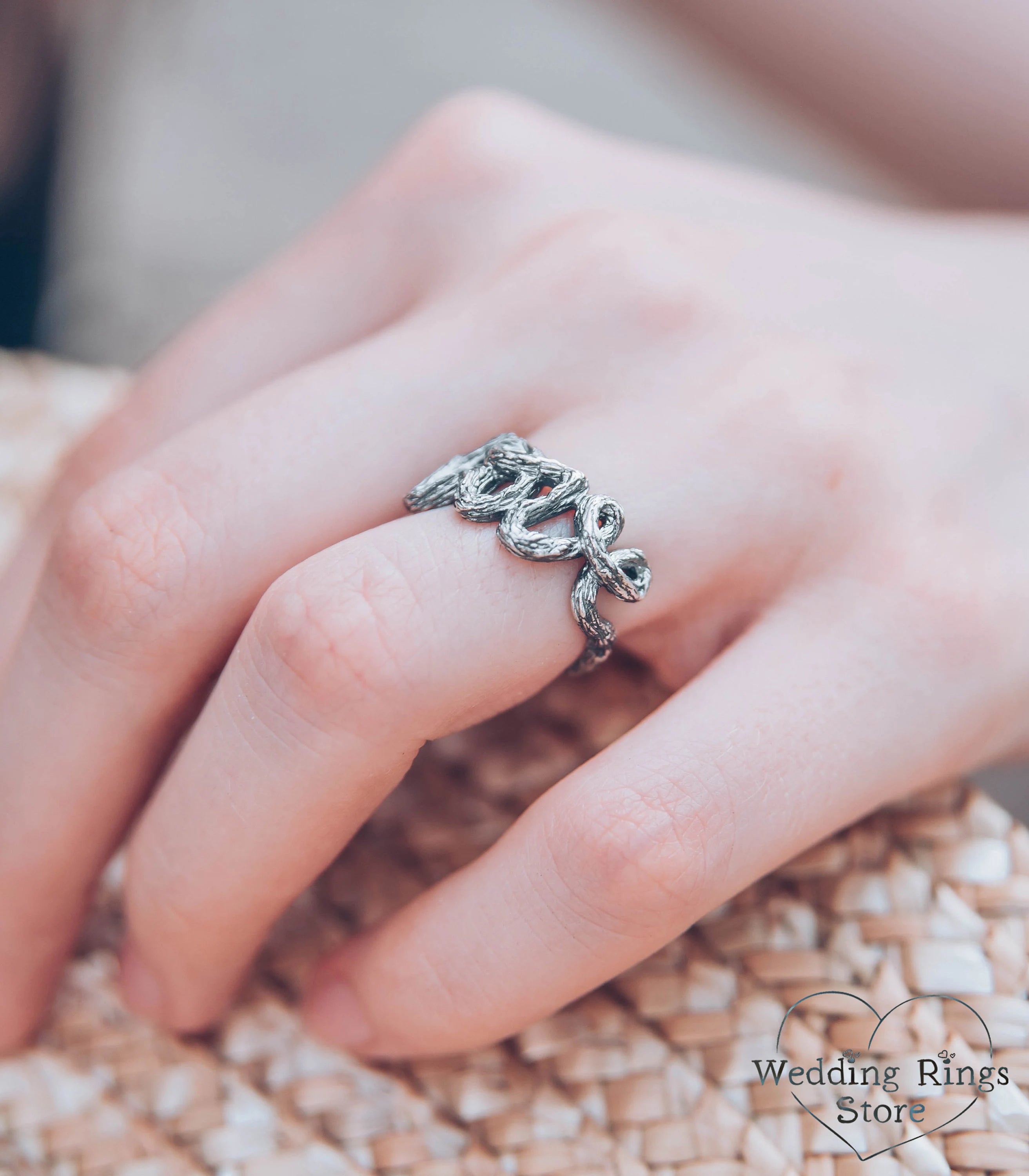 Unique Silver Branch Love Wedding Ring in Rustic Style